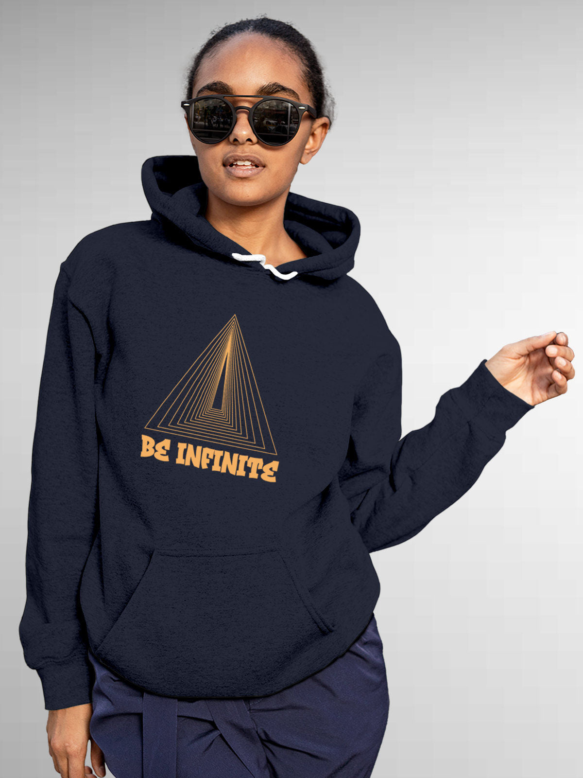Model wearing Women's Navy Blue Hoodie Sweatshirt with 'Be Infinite' design, offering effortless style and premium comfort