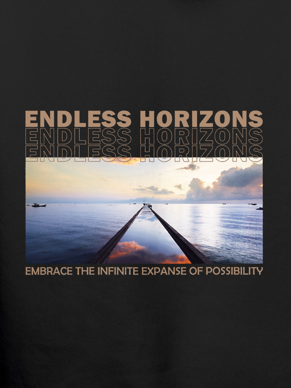 Close up of 'Endless Horizons' design on Women's Dark Grey Hoodie Sweatshirt, highlighting intricate details and vibrant print.