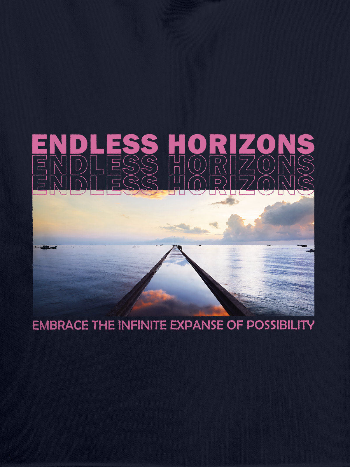 Close up of 'Endless Horizons' design on Men's Navy Blue Hoodie Sweatshirt, highlighting intricate details and vibrant print.