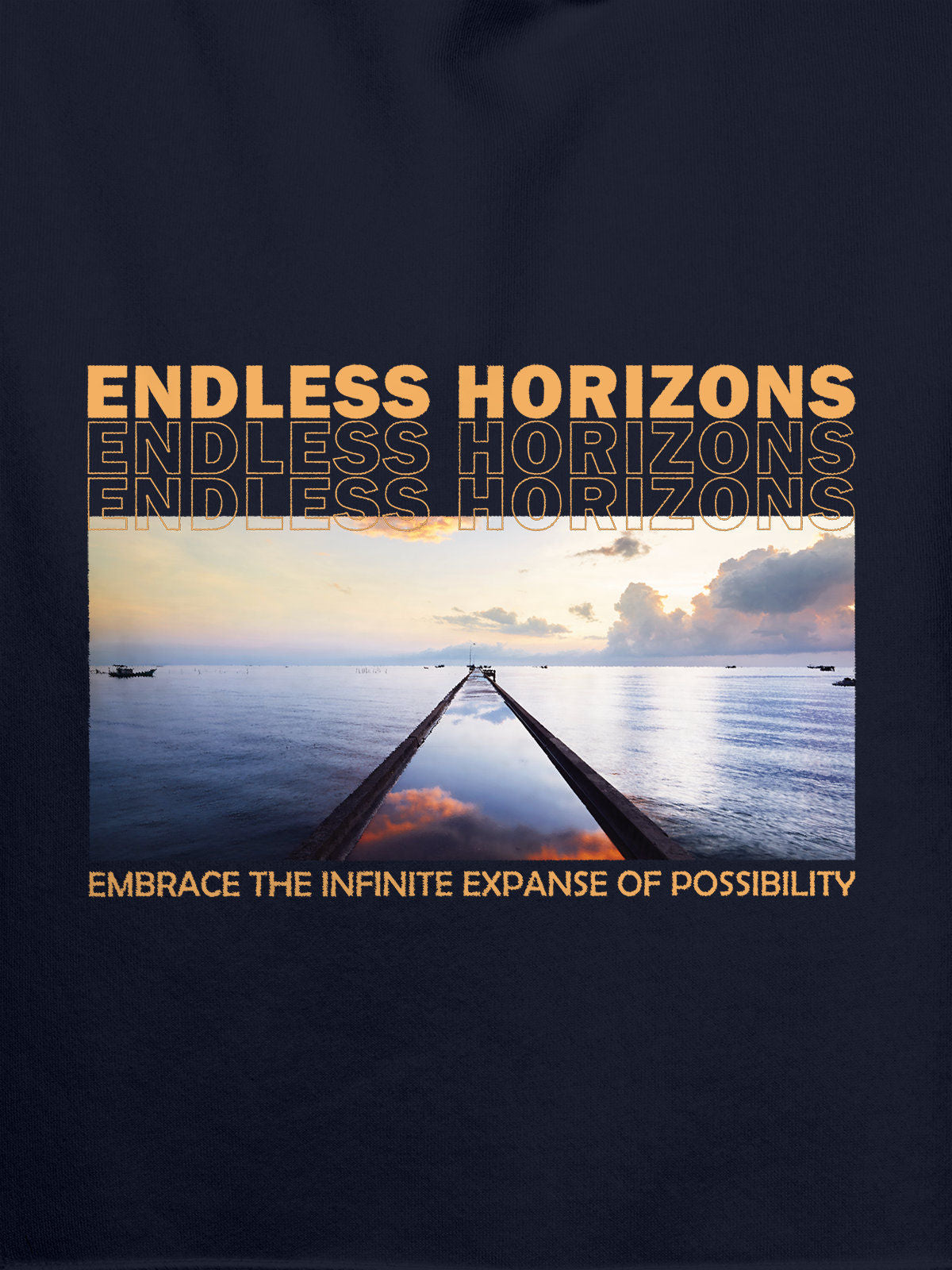 Close up of 'Endless Horizons' design on Men's Navy Blue Hoodie Sweatshirt, highlighting intricate details and vibrant print.