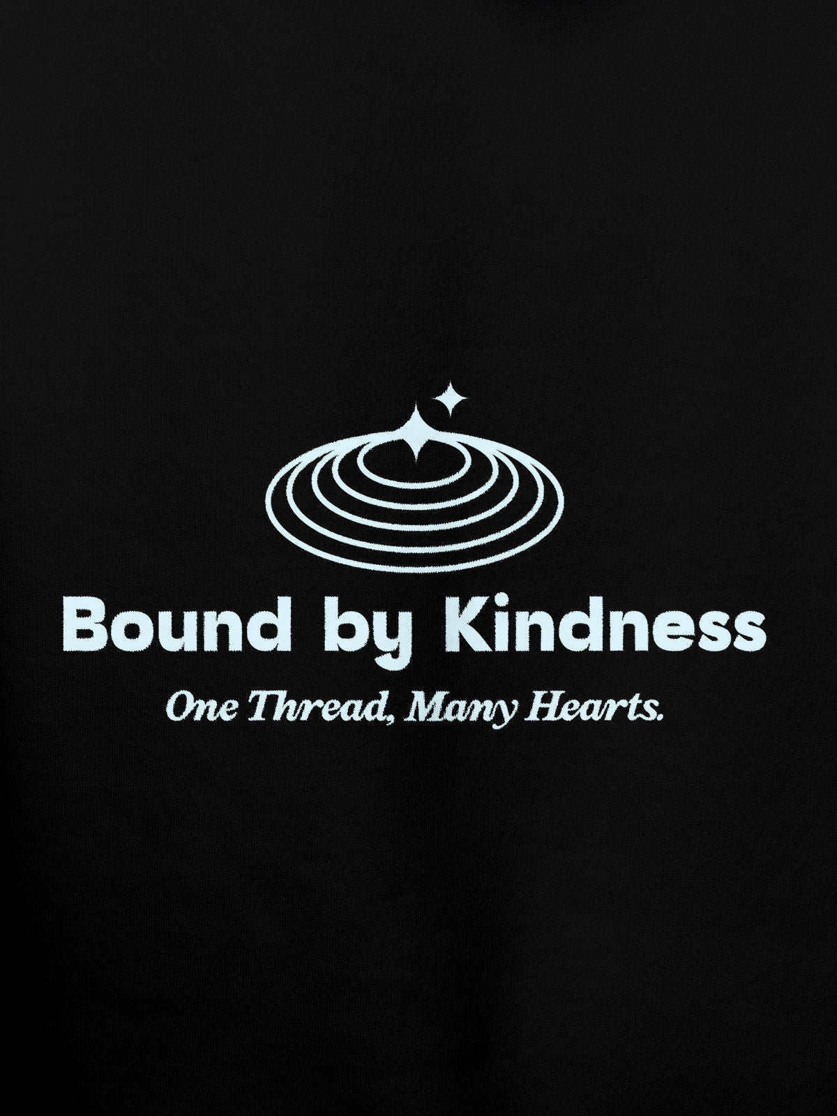 Close up of 'Bound By Kindness' design on Men's Black Hoodie Sweatshirt, highlighting intricate details and vibrant print.