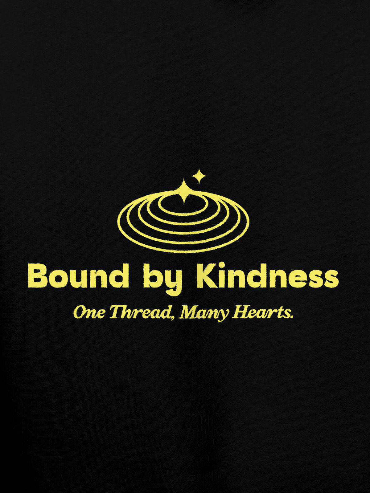 Close up of 'Bound By Kindness' design on Men's Black Hoodie Sweatshirt, highlighting intricate details and vibrant print.