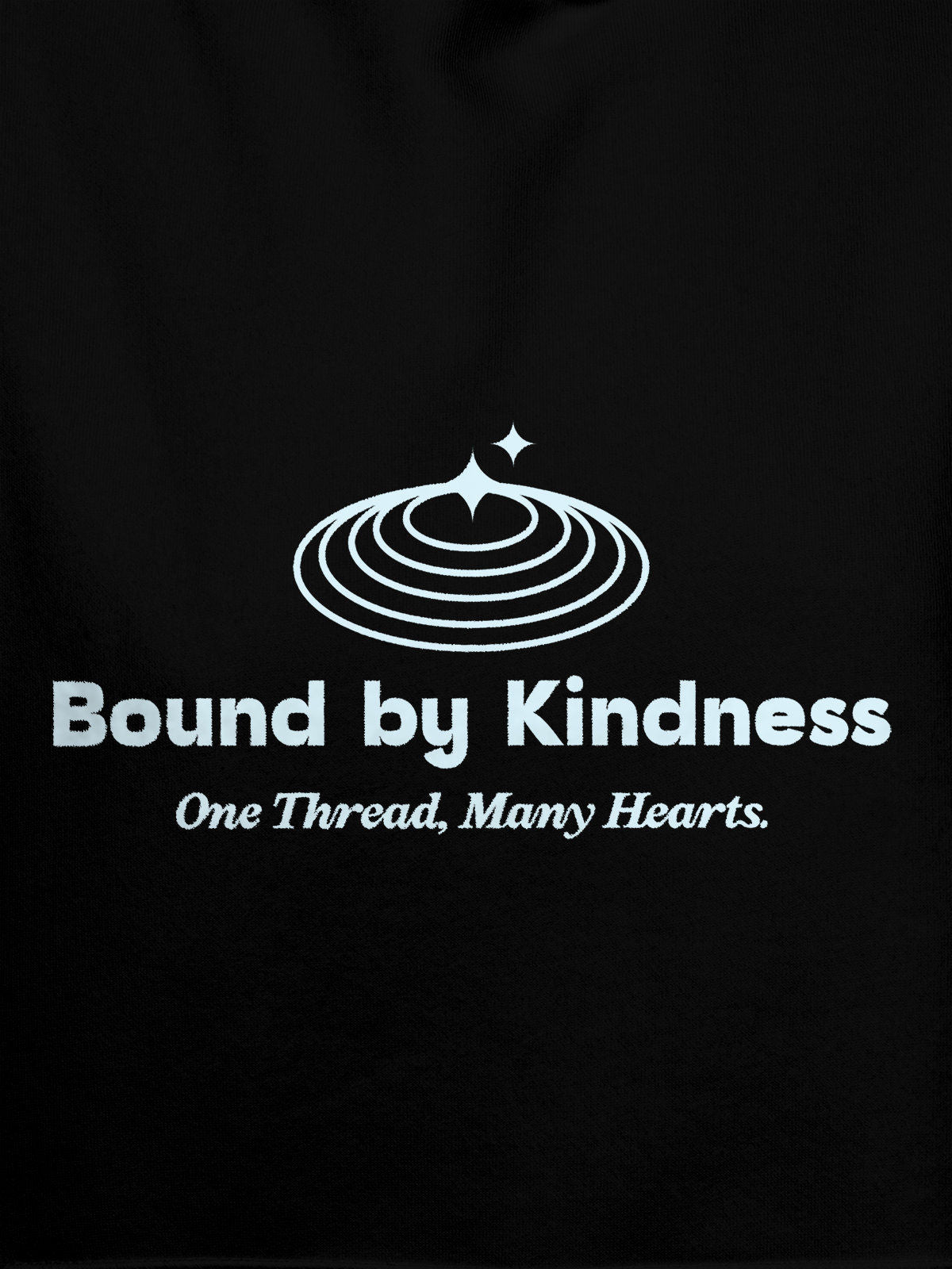 Close up of 'Bound By Kindness' design on Women's Black Hoodie Sweatshirt, highlighting intricate details and vibrant print.