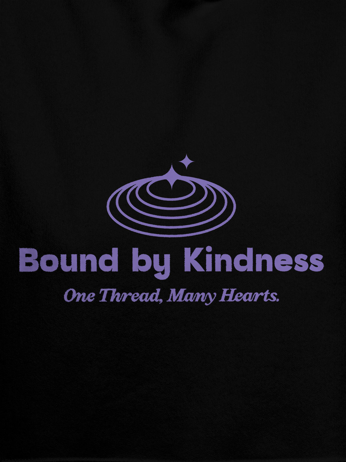 Close up of 'Bound By Kindness' design on Women's Black Hoodie Sweatshirt, highlighting intricate details and vibrant print.