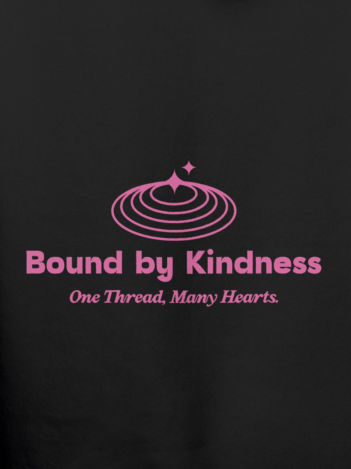 Close up of 'Bound By Kindness' design on Men's Dark Grey Hoodie Sweatshirt, highlighting intricate details and vibrant print.