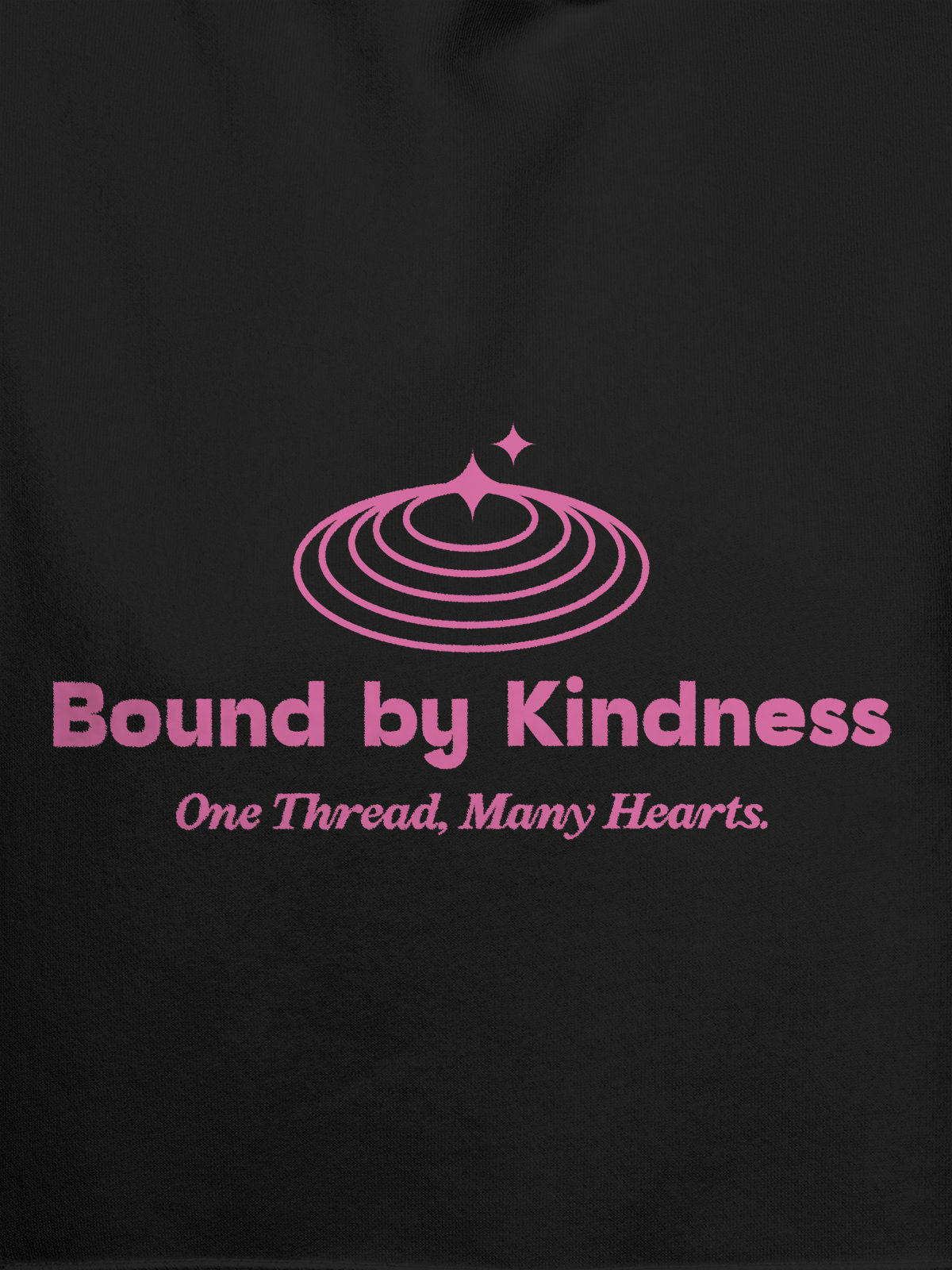 Close up of 'Bound By Kindness' design on Women's Dark Grey Hoodie Sweatshirt, highlighting intricate details and vibrant print.