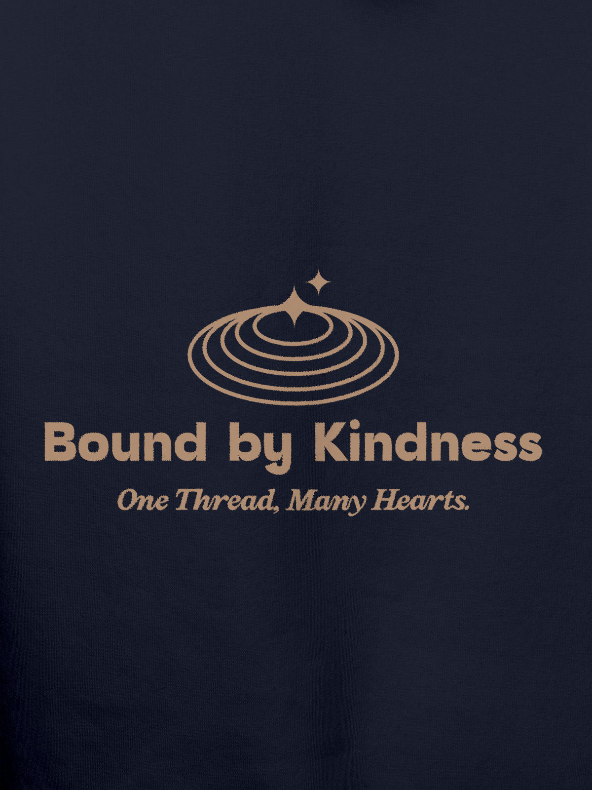 Close up of 'Bound By Kindness' design on Men's Navy Blue Hoodie Sweatshirt, highlighting intricate details and vibrant print.