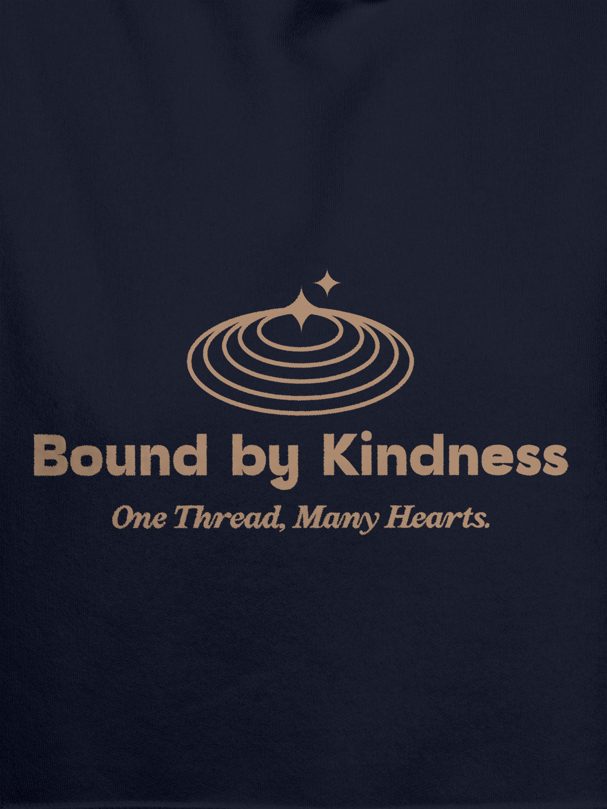 Close up of 'Bound By Kindness' design on Women's Navy Blue Hoodie Sweatshirt, highlighting intricate details and vibrant print.