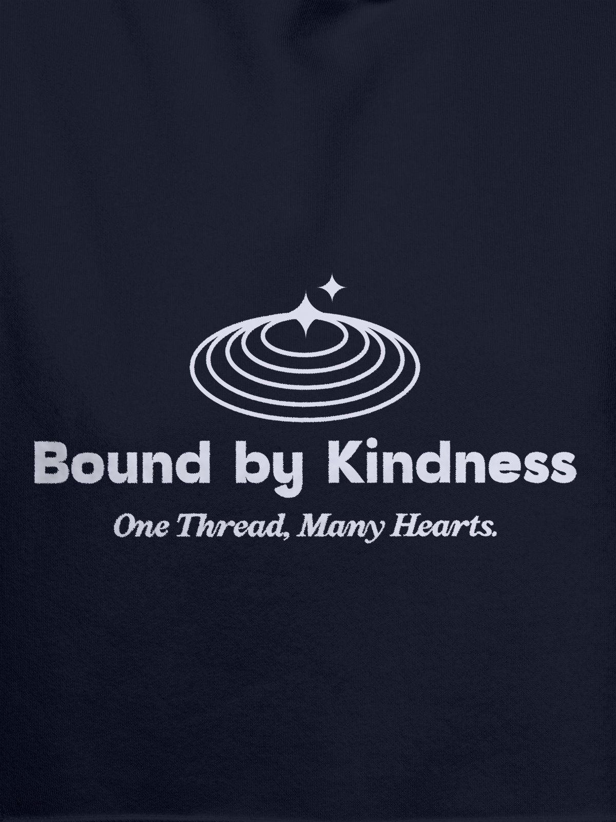 Close up of 'Bound By Kindness' design on Women's Navy Blue Hoodie Sweatshirt, highlighting intricate details and vibrant print.