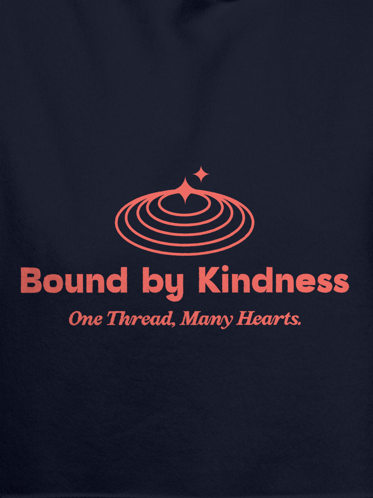 Close up of 'Bound By Kindness' design on Women's Navy Blue Hoodie Sweatshirt, highlighting intricate details and vibrant print.