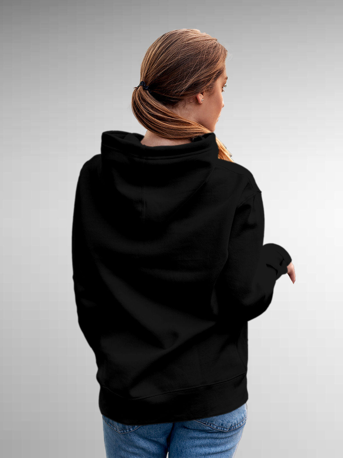Back view of Fighterhero Women's Black Hoodie Sweatshirt, highlighting the modern look and clean finish