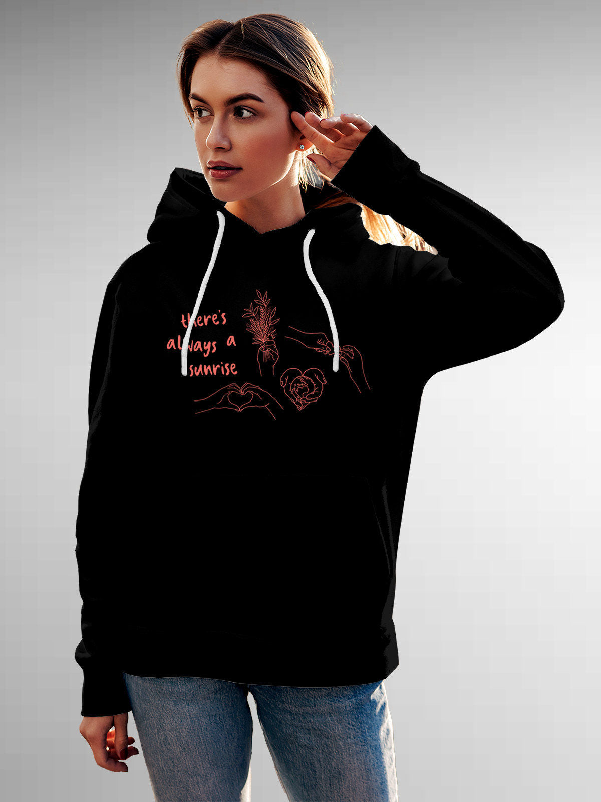 Model wearing Women's Black Hoodie Sweatshirt with 'There's Always a Sunrise' design, offering effortless style and premium comfort