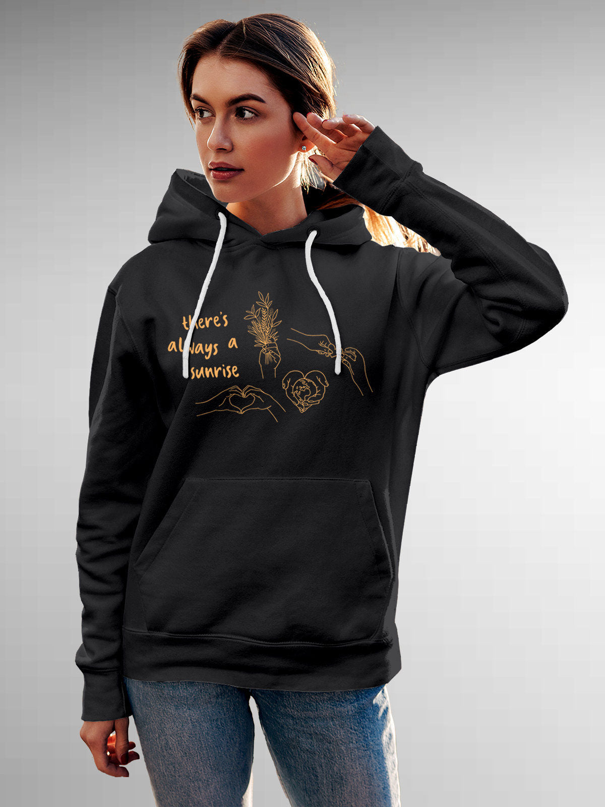 Model wearing Women's Dark Grey Hoodie Sweatshirt with 'There's Always a Sunrise' design, offering effortless style and premium comfort