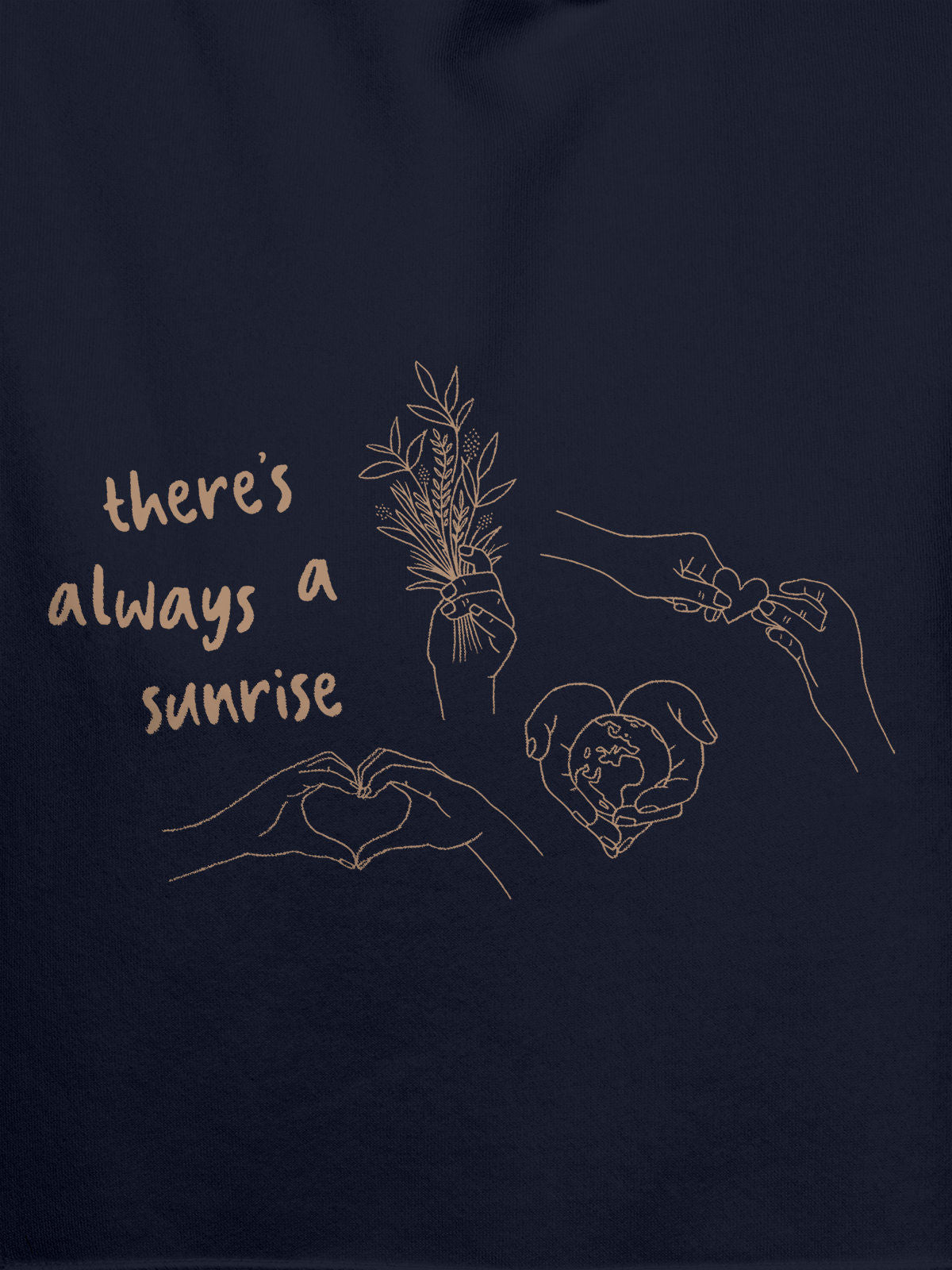 Close up of 'There's Always a Sunrise' design on Men's Navy Blue Hoodie Sweatshirt, highlighting intricate details and vibrant print.