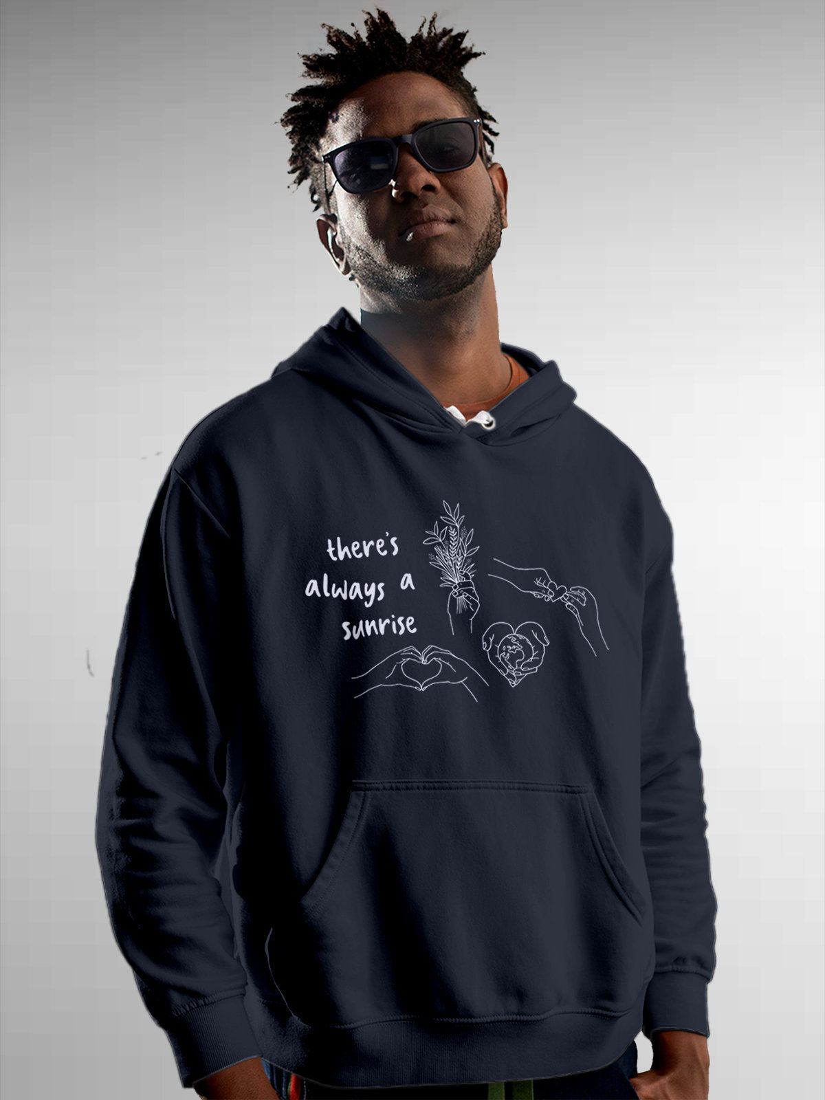 Model wearing Men's Navy Blue Hoodie Sweatshirt with 'There's Always a Sunrise' design, offering effortless style and premium comfort