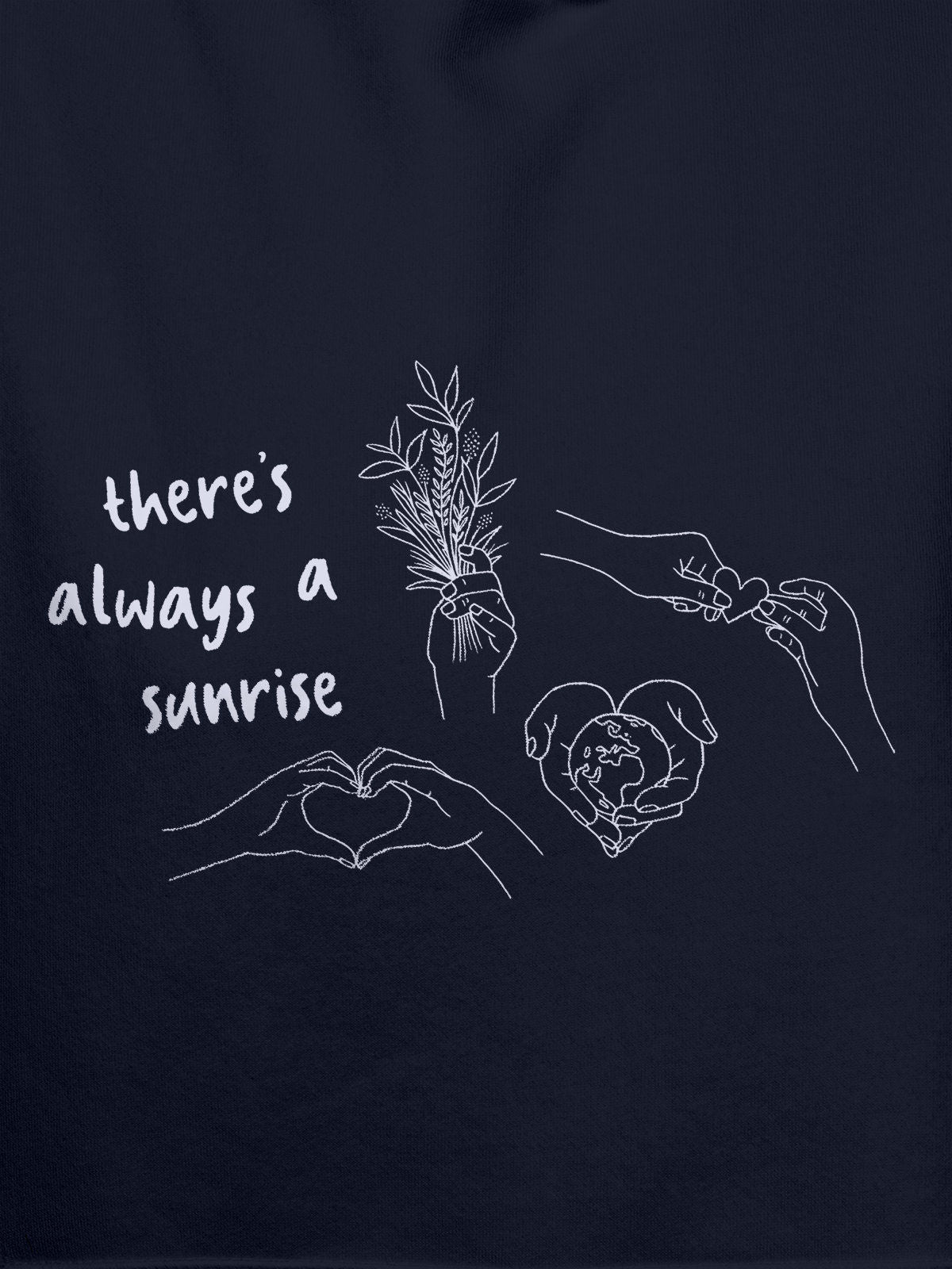 Close up of 'There's Always a Sunrise' design on Men's Navy Blue Hoodie Sweatshirt, highlighting intricate details and vibrant print.