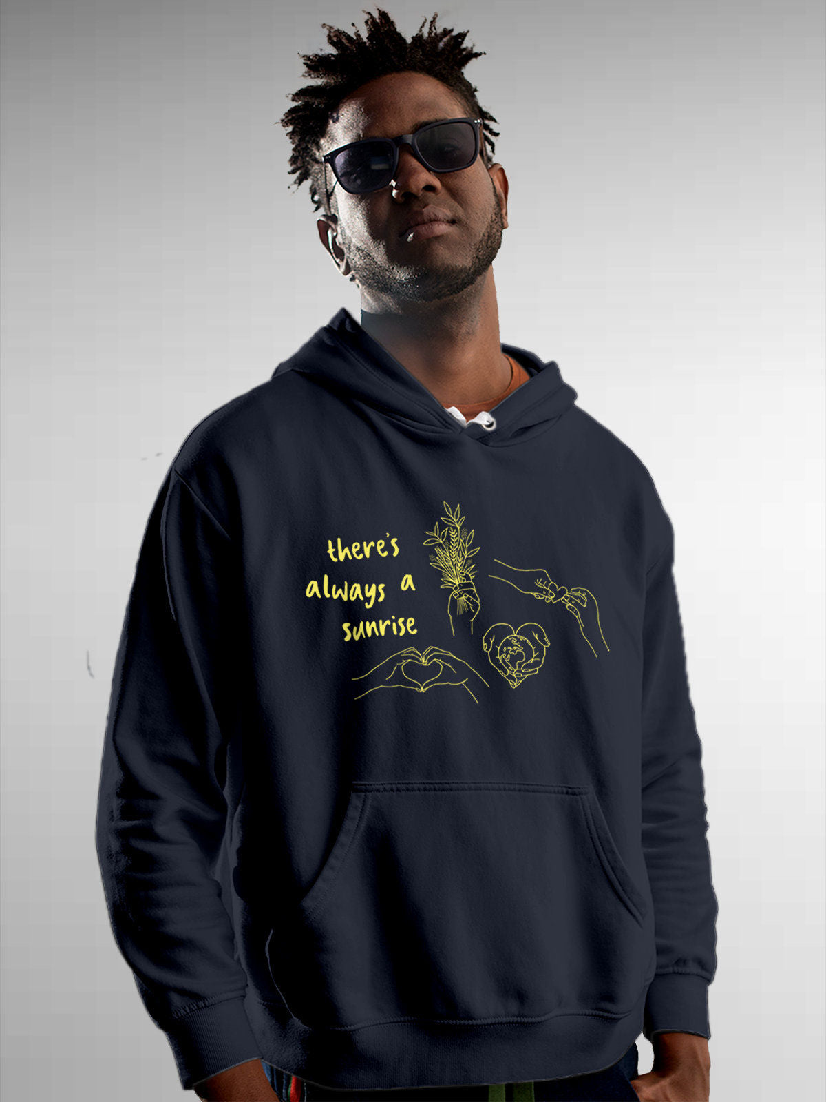 Model wearing Men's Navy Blue Hoodie Sweatshirt with 'There's Always a Sunrise' design, offering effortless style and premium comfort