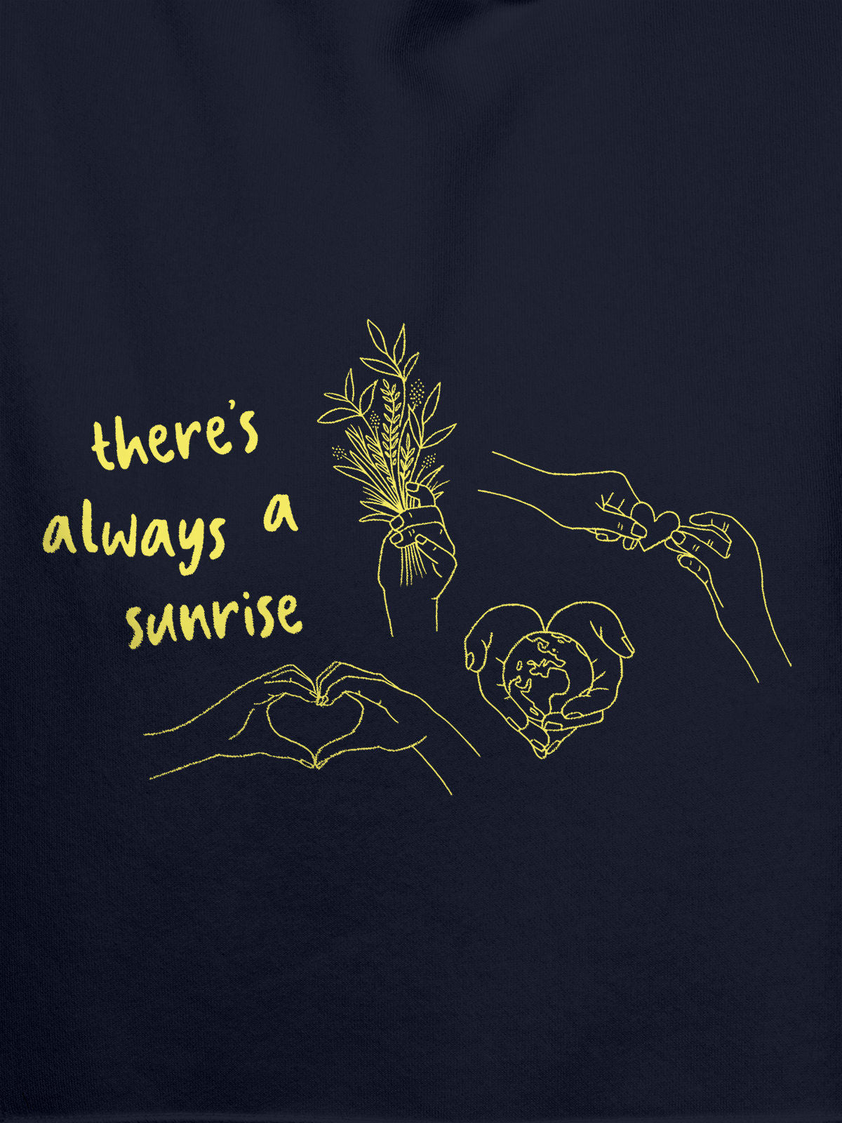 Close up of 'There's Always a Sunrise' design on Men's Navy Blue Hoodie Sweatshirt, highlighting intricate details and vibrant print.