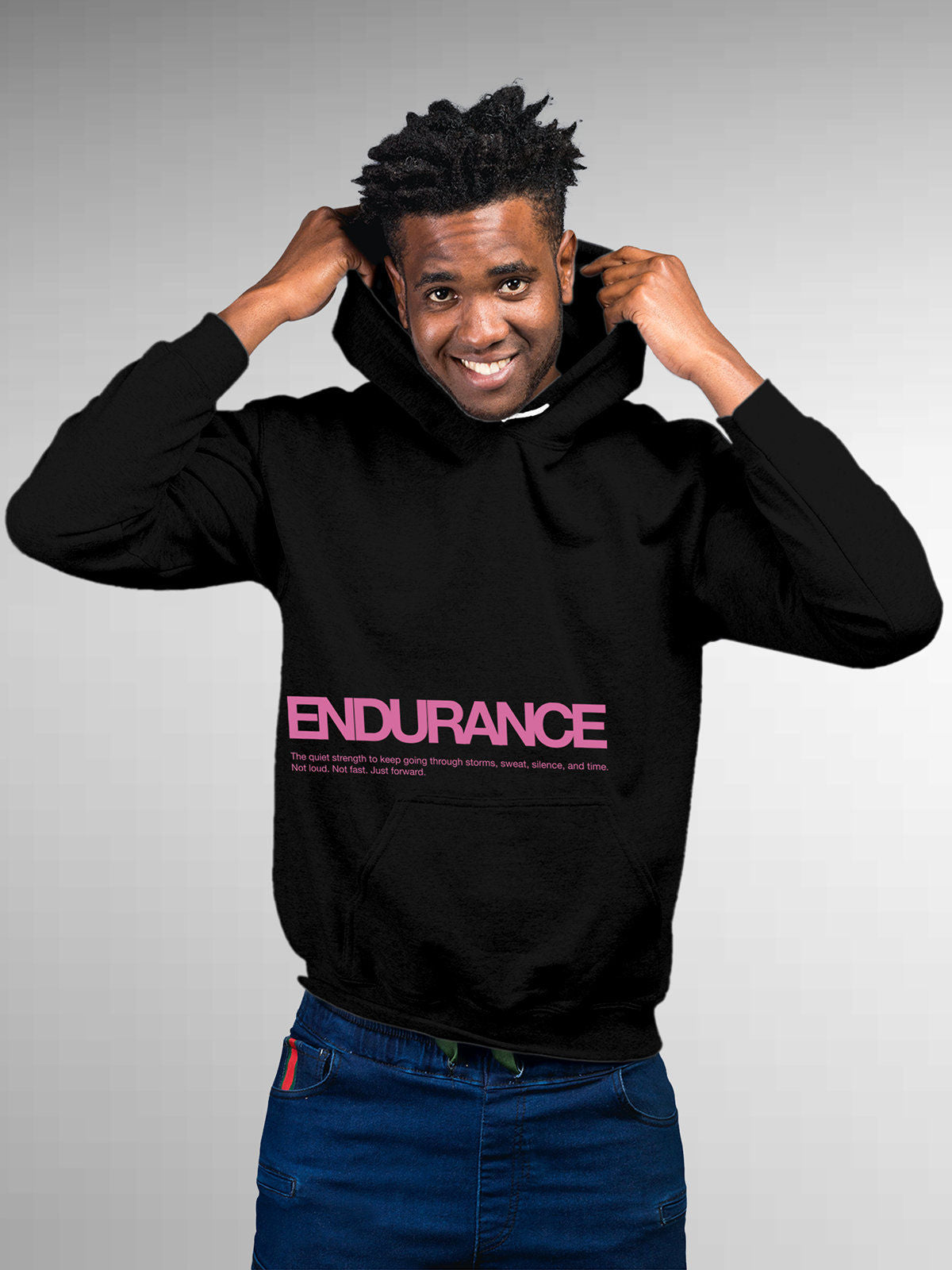 Model wearing Men's Black Hoodie Sweatshirt with 'Endurance' design, offering effortless style and premium comfort