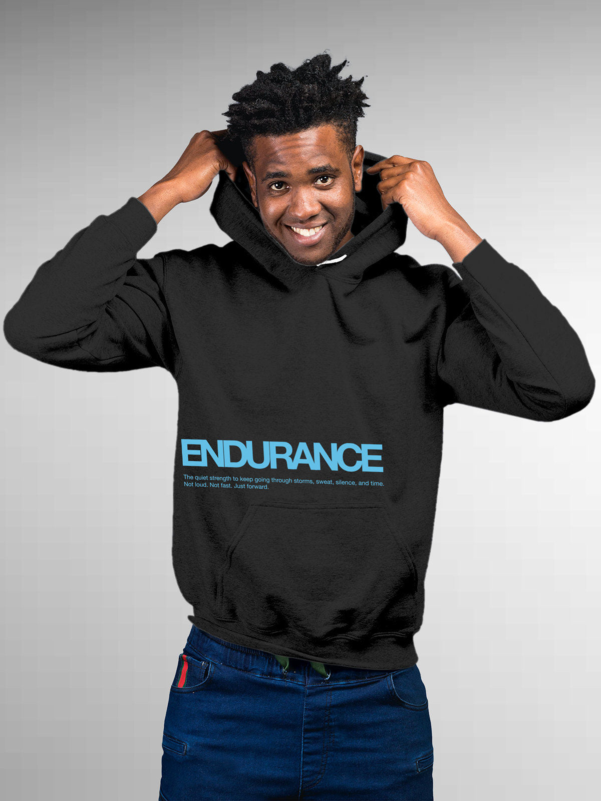 Model wearing Men's Dark Grey Hoodie Sweatshirt with 'Endurance' design, offering effortless style and premium comfort
