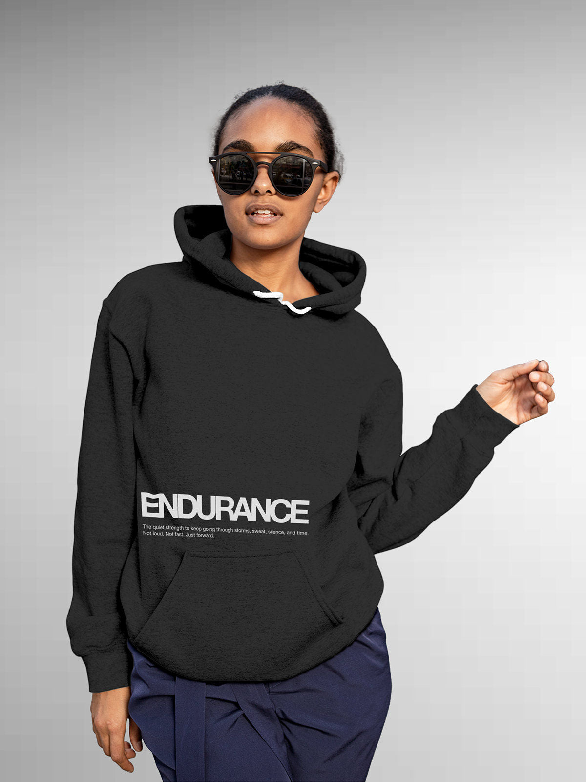 Model wearing Women's Dark Grey Hoodie Sweatshirt with 'Endurance' design, offering effortless style and premium comfort