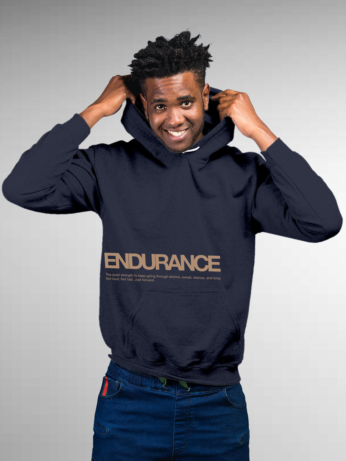 Model wearing Men's Navy Blue Hoodie Sweatshirt with 'Endurance' design, offering effortless style and premium comfort