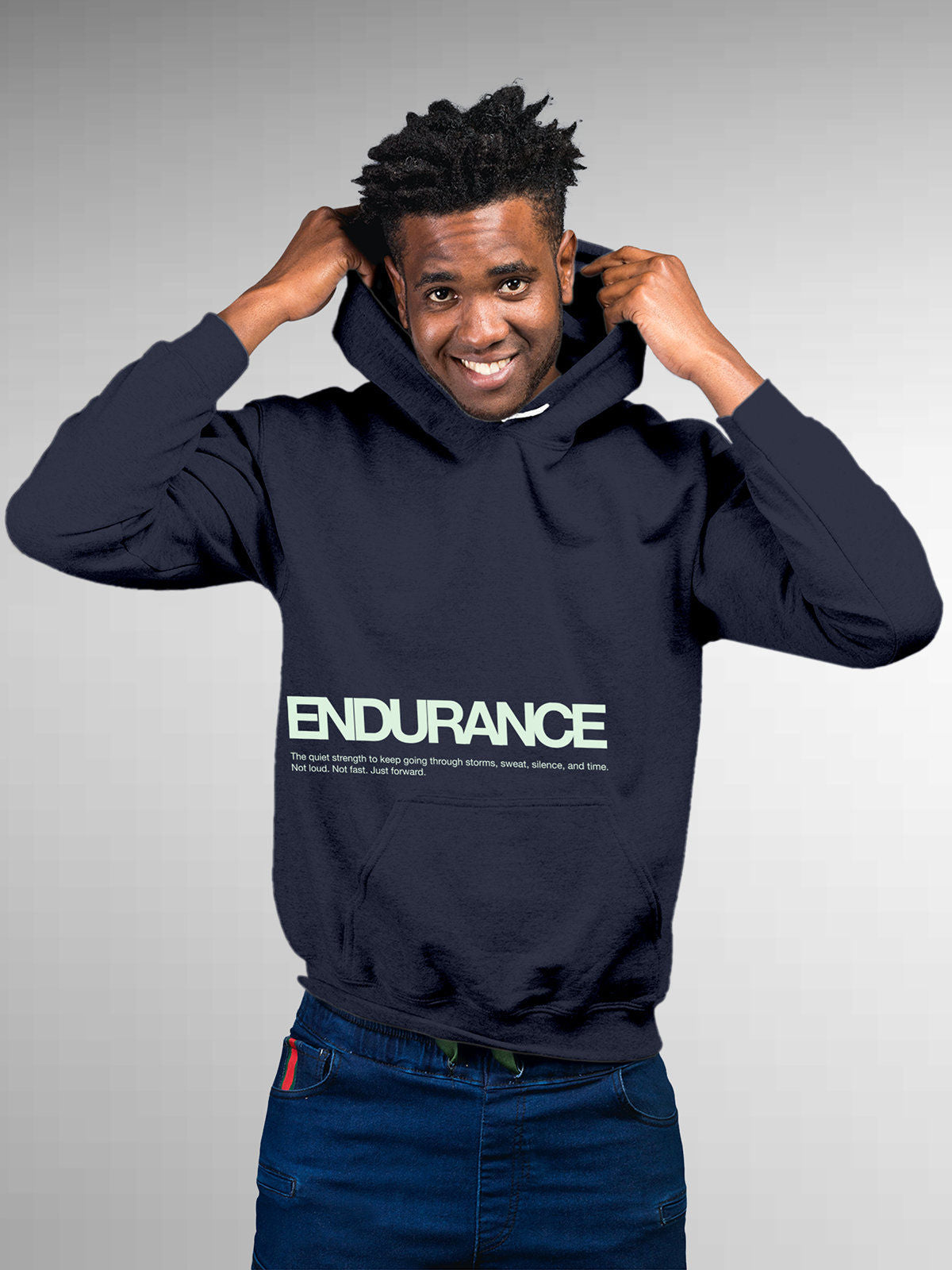 Model wearing Men's Navy Blue Hoodie Sweatshirt with 'Endurance' design, offering effortless style and premium comfort