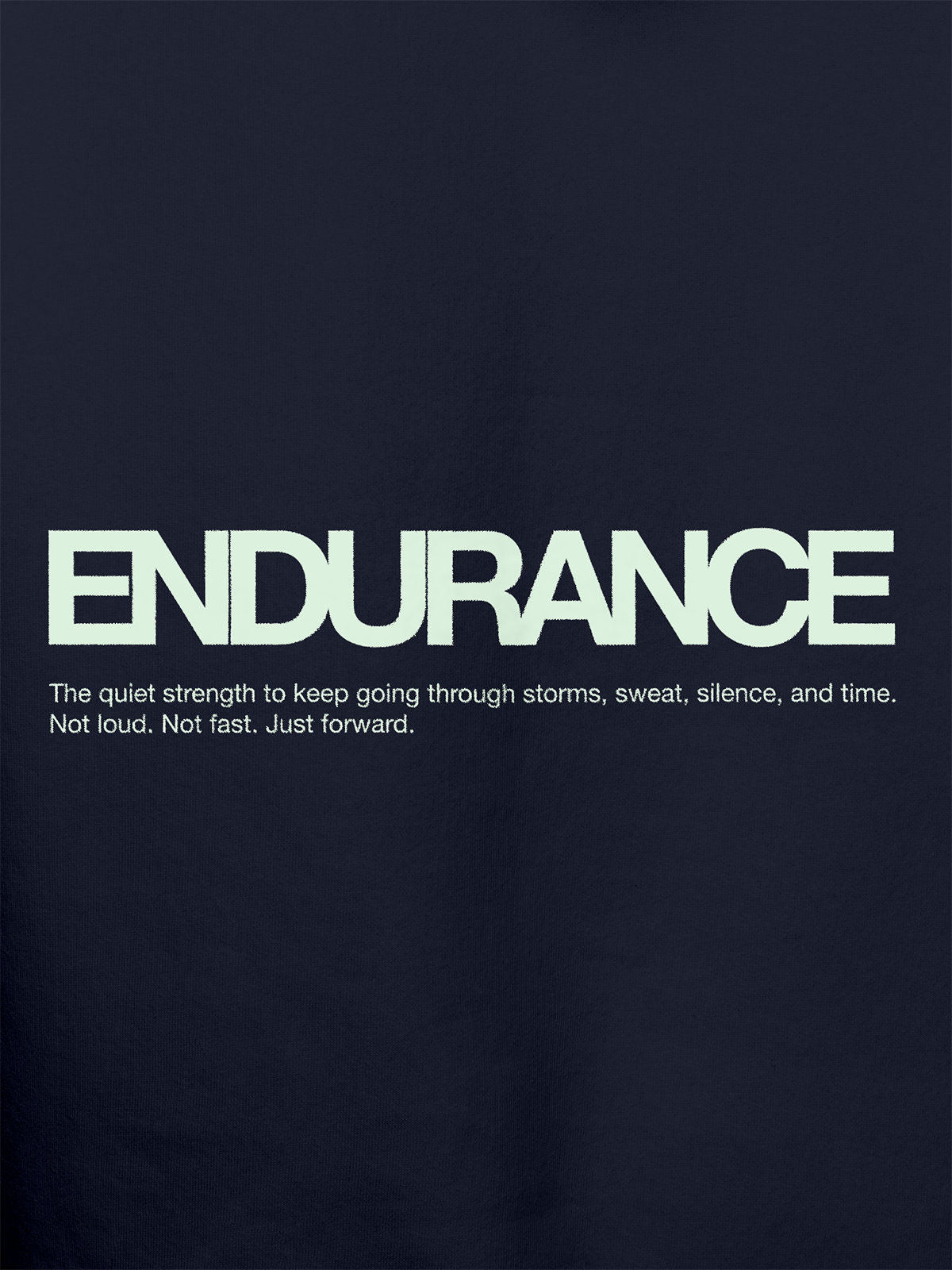 Close up of 'Endurance' design on Men's Navy Blue Hoodie Sweatshirt, highlighting intricate details and vibrant print.