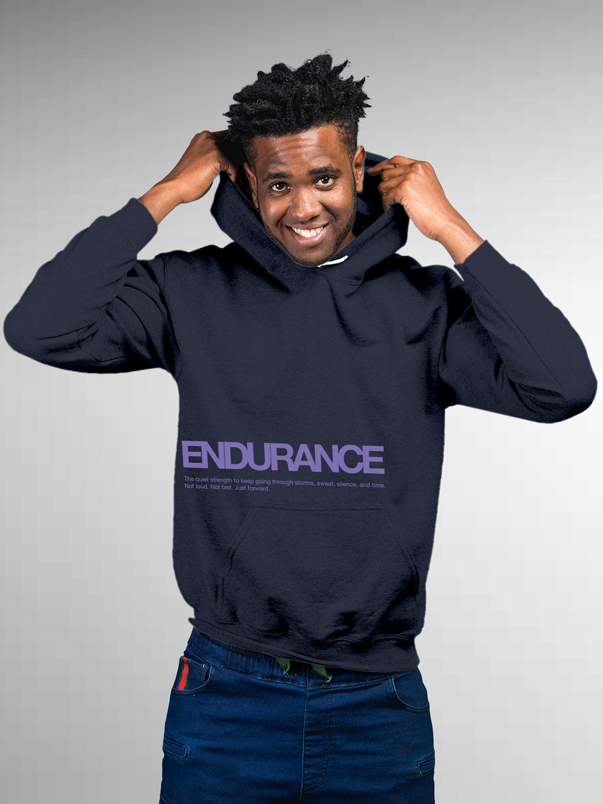 Model wearing Men's Navy Blue Hoodie Sweatshirt with 'Endurance' design, offering effortless style and premium comfort