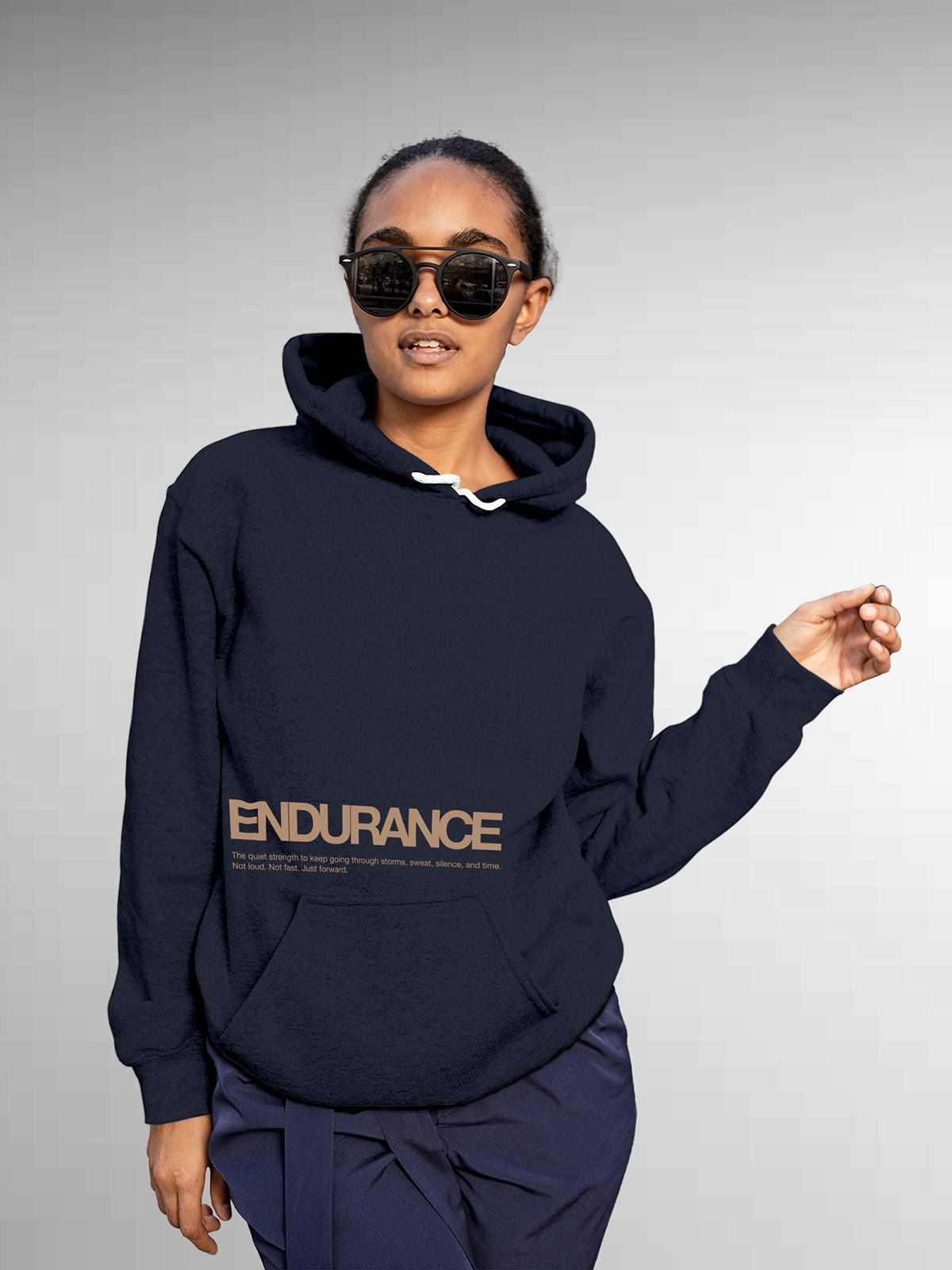 Model wearing Women's Navy Blue Hoodie Sweatshirt with 'Endurance' design, offering effortless style and premium comfort