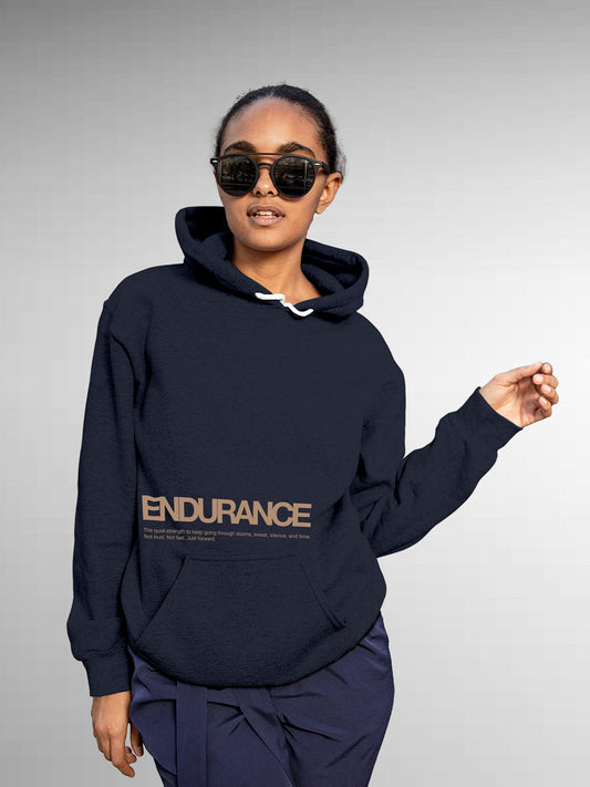 Model wearing Women's Navy Blue Hoodie Sweatshirt with 'Endurance' design, offering effortless style and premium comfort