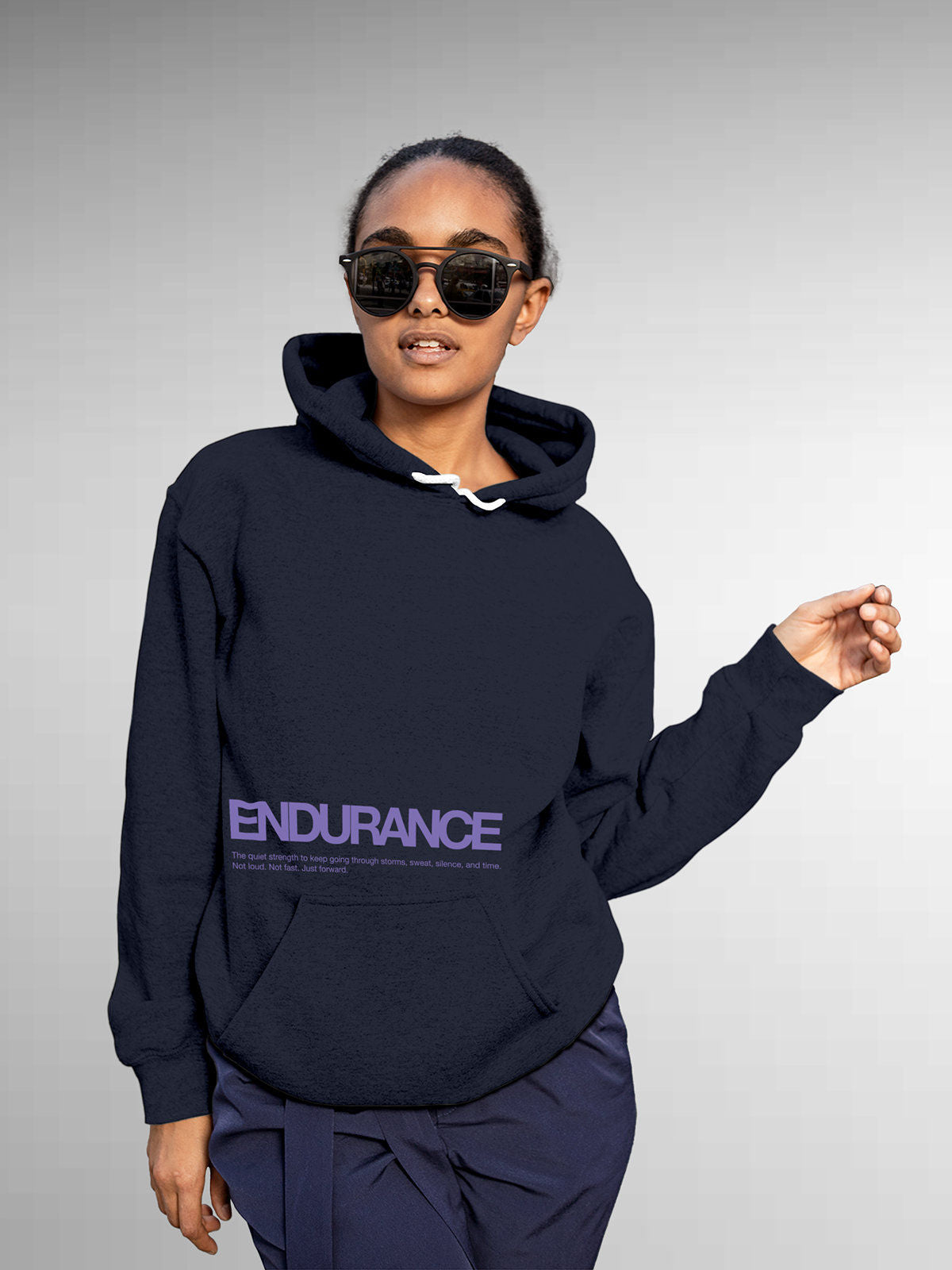 Model wearing Women's Navy Blue Hoodie Sweatshirt with 'Endurance' design, offering effortless style and premium comfort