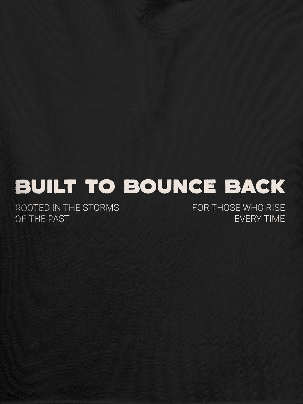 Close up of 'Built To Bounce Back' design on Men's Dark Grey Hoodie Sweatshirt, highlighting intricate details and vibrant print.