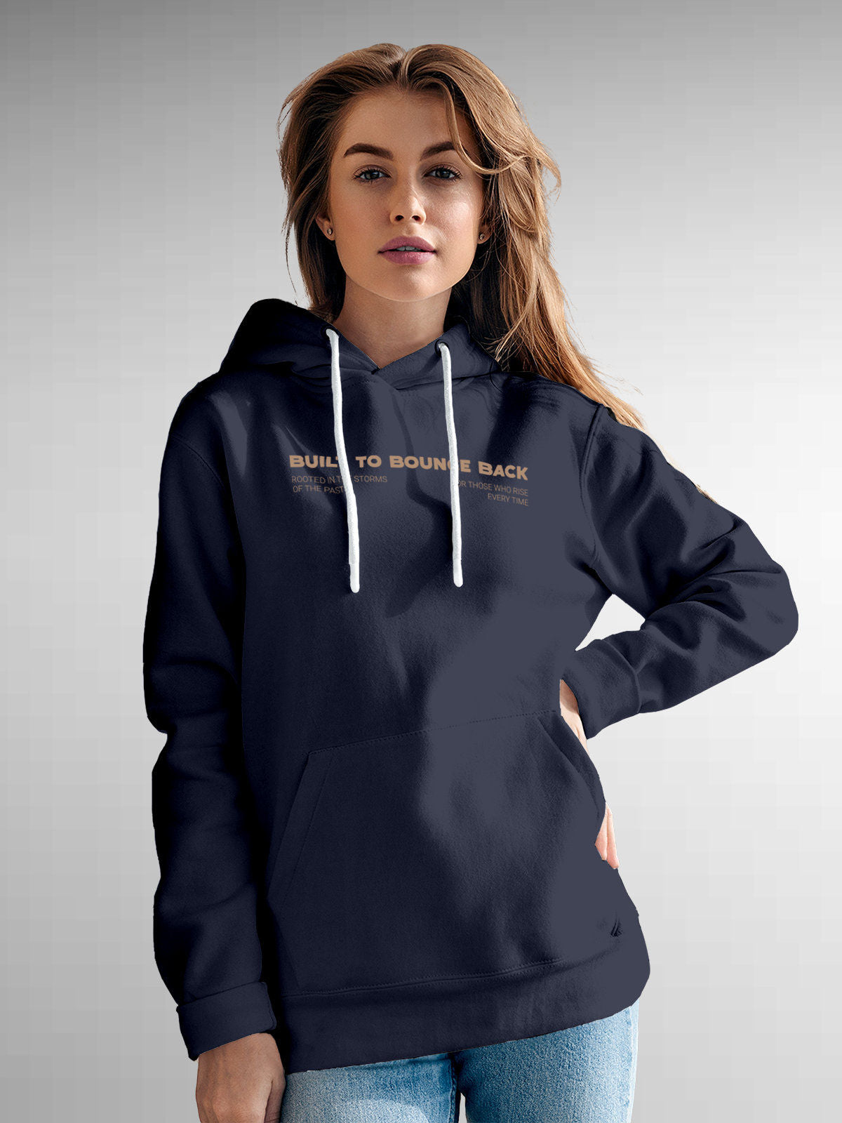 Model wearing Women's Navy Blue Hoodie Sweatshirt with 'Built To Bounce Back' design, offering effortless style and premium comfort