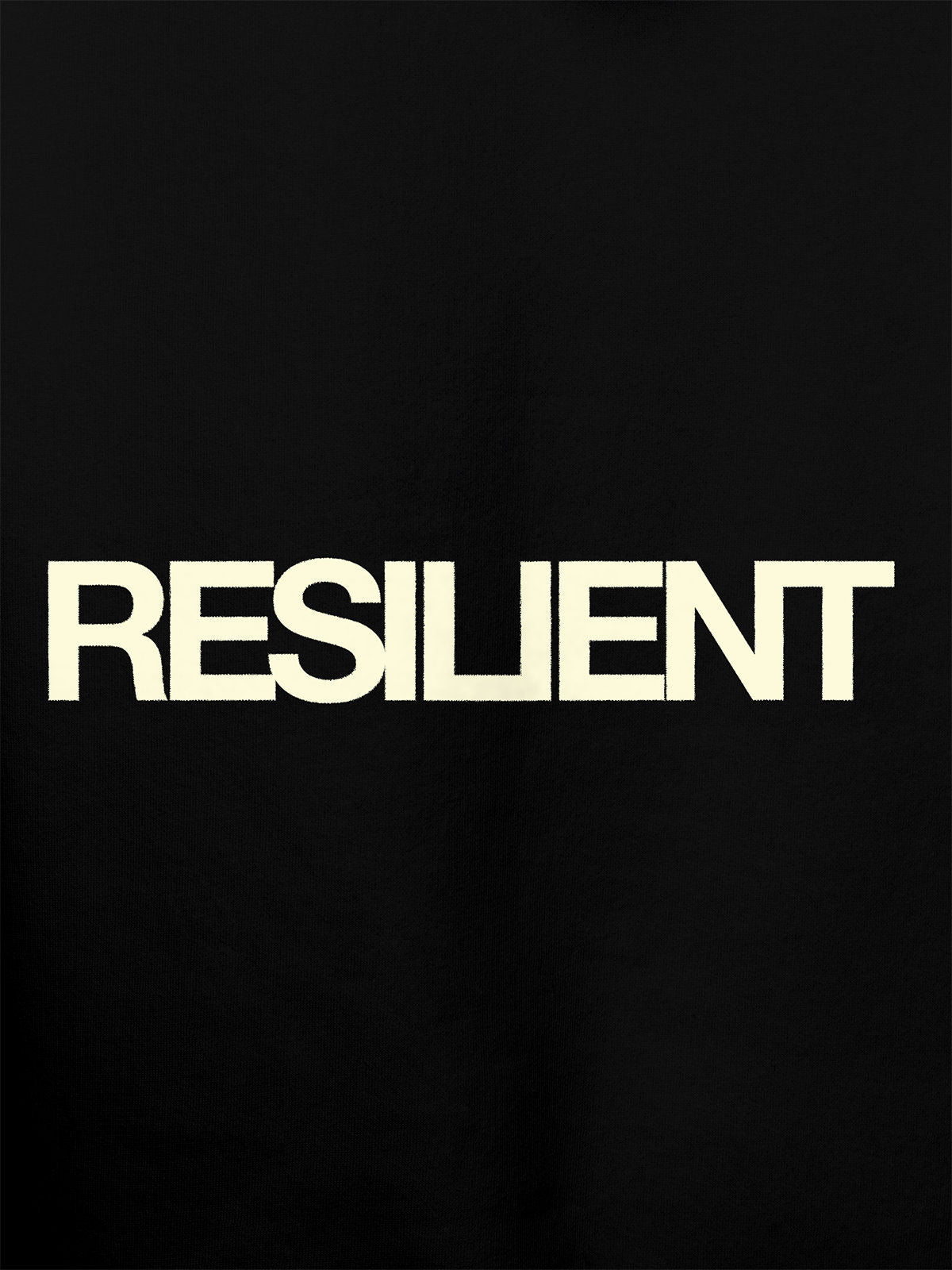 Close up of 'Resilient' design on Men's Black Hoodie Sweatshirt, highlighting intricate details and vibrant print.