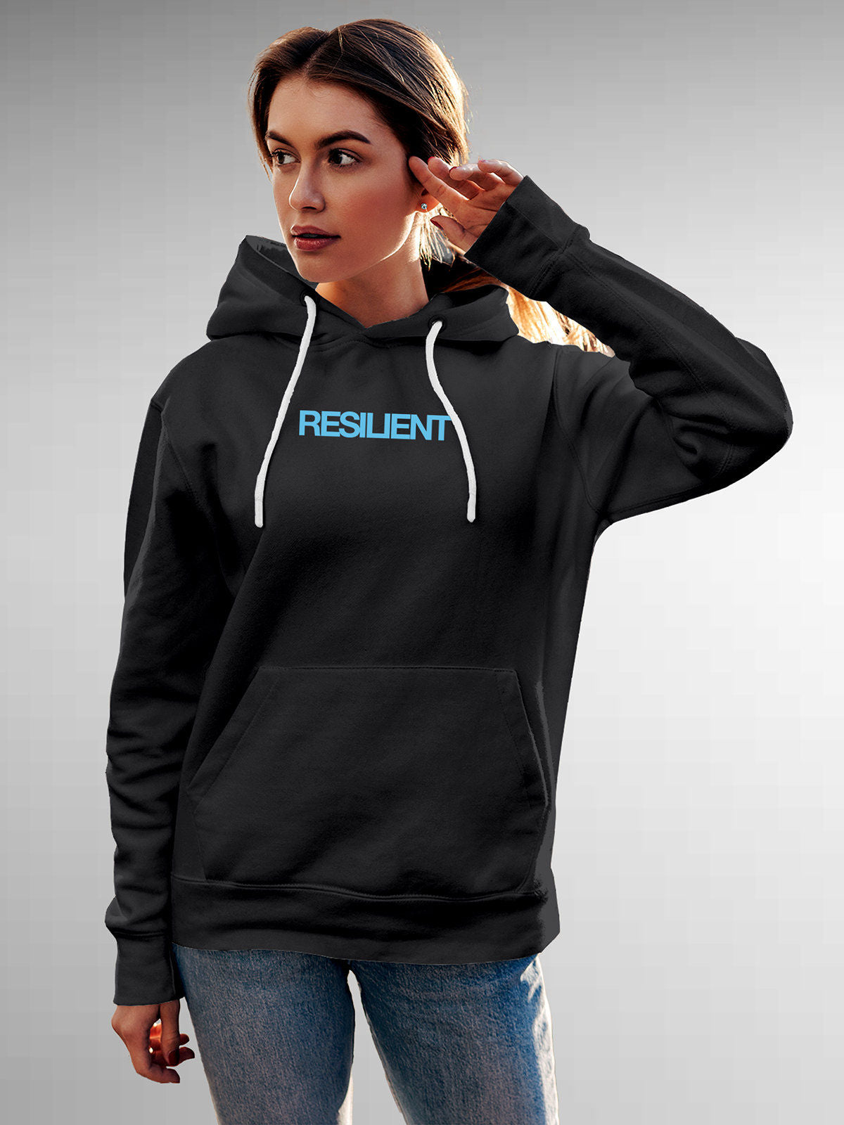 Model wearing Women's Dark Grey Hoodie Sweatshirt with 'Resilient' design, offering effortless style and premium comfort