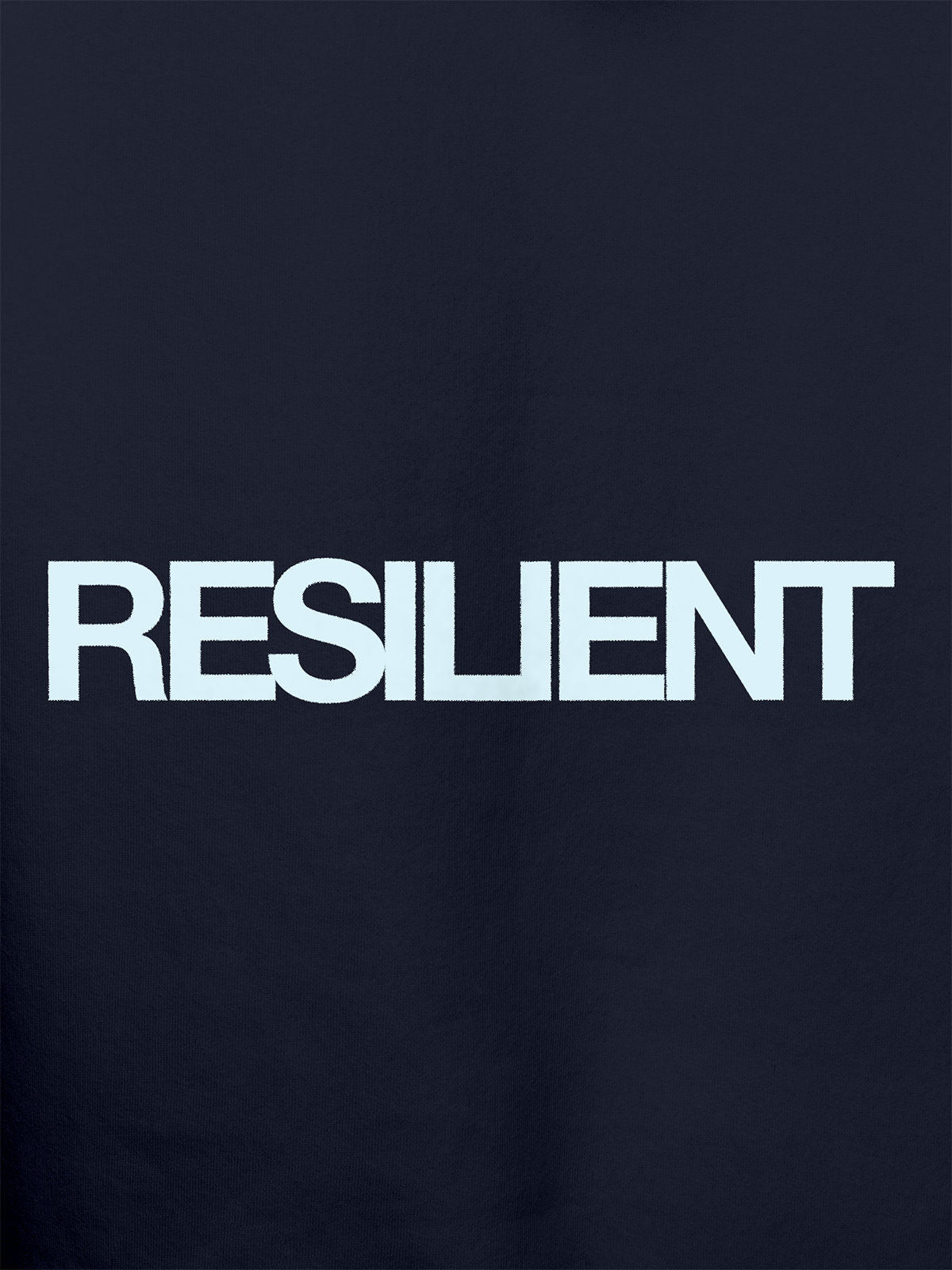 Close up of 'Resilient' design on Men's Navy Blue Hoodie Sweatshirt, highlighting intricate details and vibrant print.