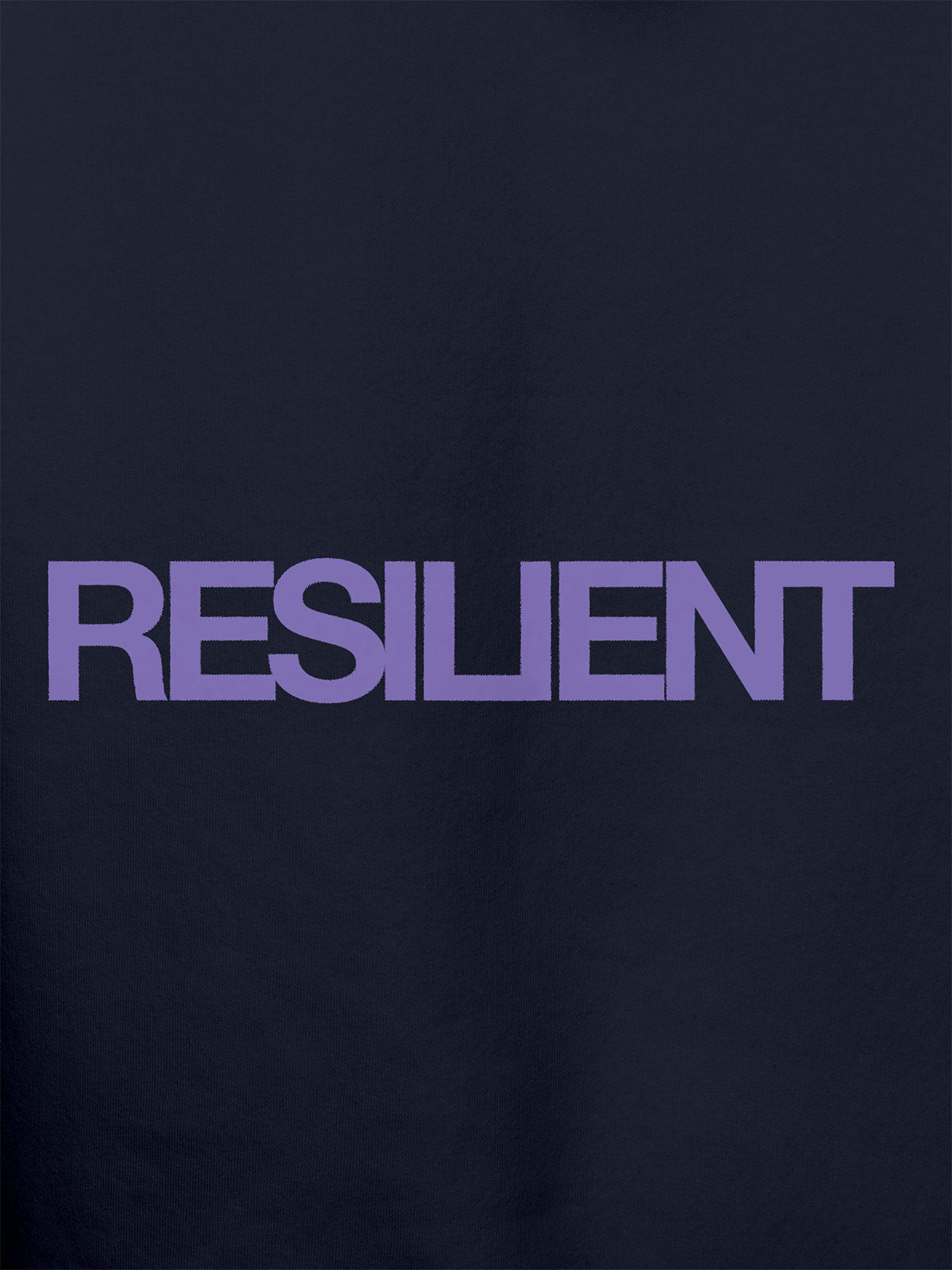 Close up of 'Resilient' design on Men's Navy Blue Hoodie Sweatshirt, highlighting intricate details and vibrant print.