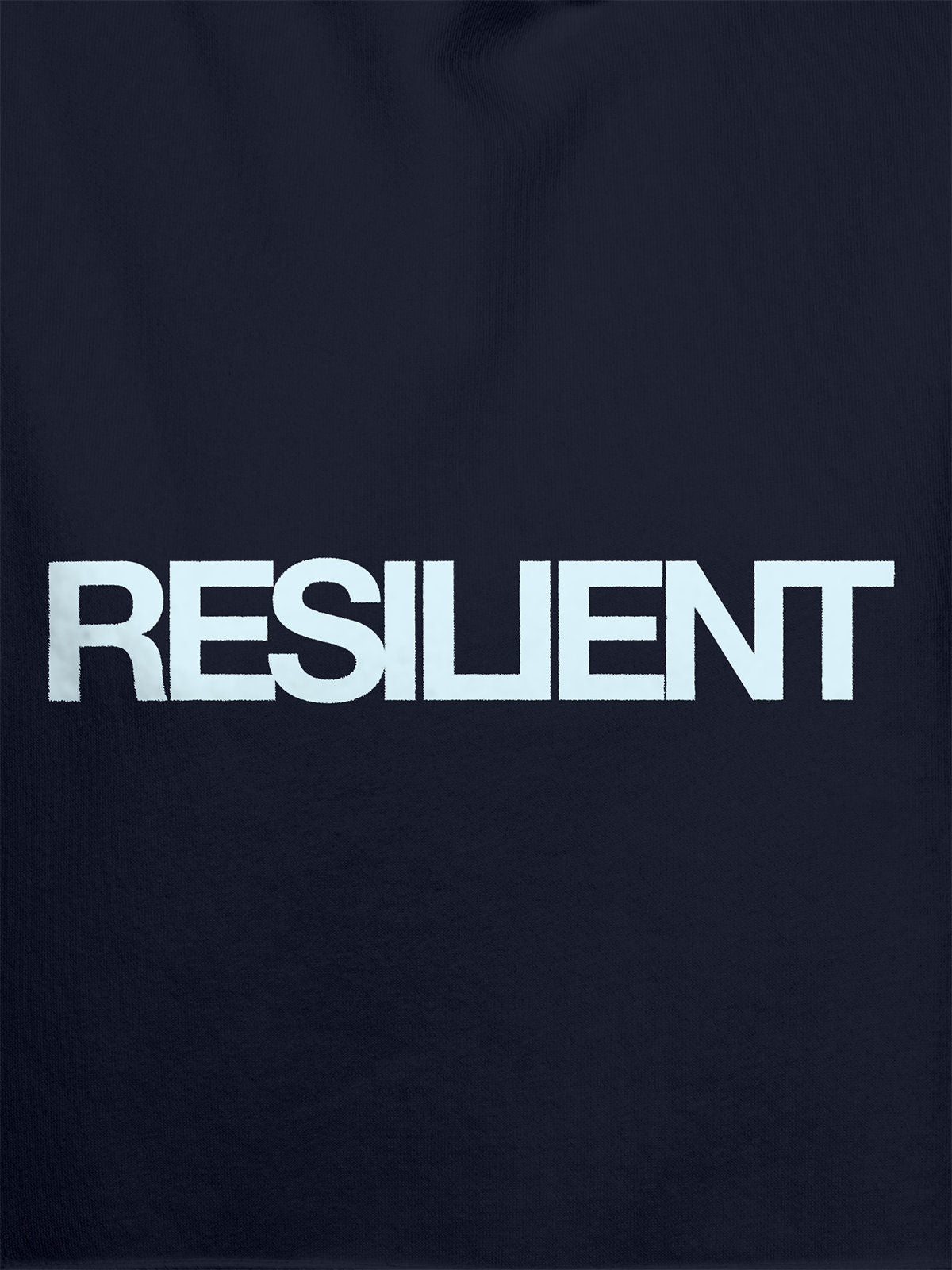 Close up of 'Resilient' design on Women's Navy Blue Hoodie Sweatshirt, highlighting intricate details and vibrant print.