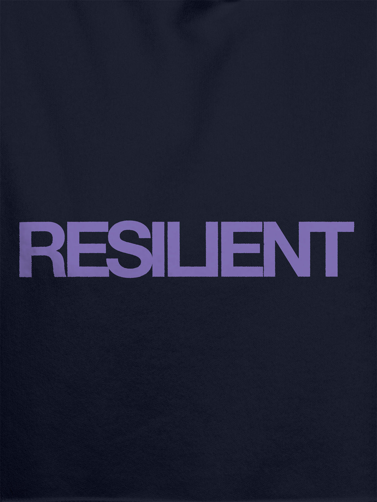 Close up of 'Resilient' design on Women's Navy Blue Hoodie Sweatshirt, highlighting intricate details and vibrant print.