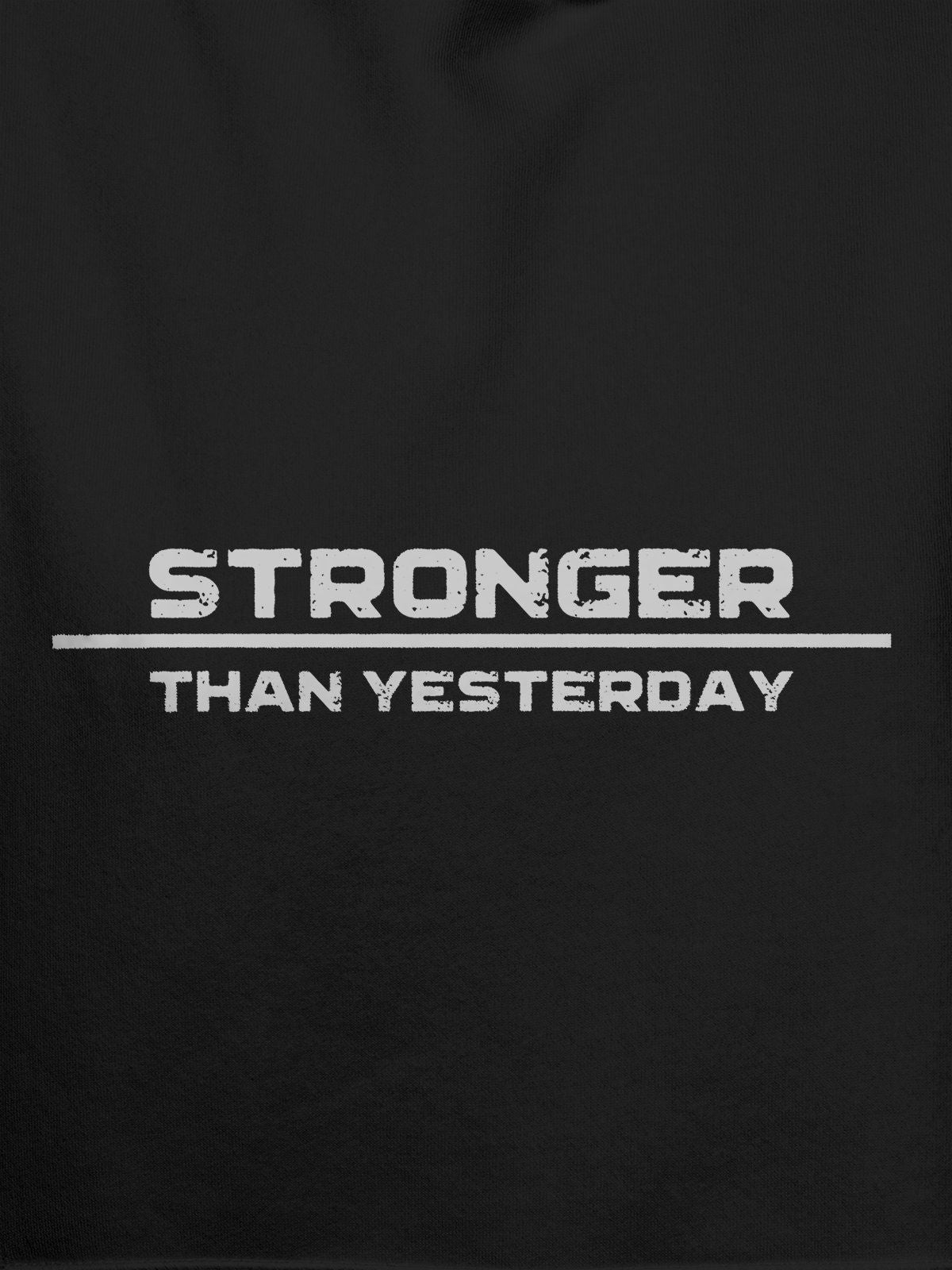 Close up of 'Stronger Than Yesterday' design on Men's Dark Grey Hoodie Sweatshirt, highlighting intricate details and vibrant print.