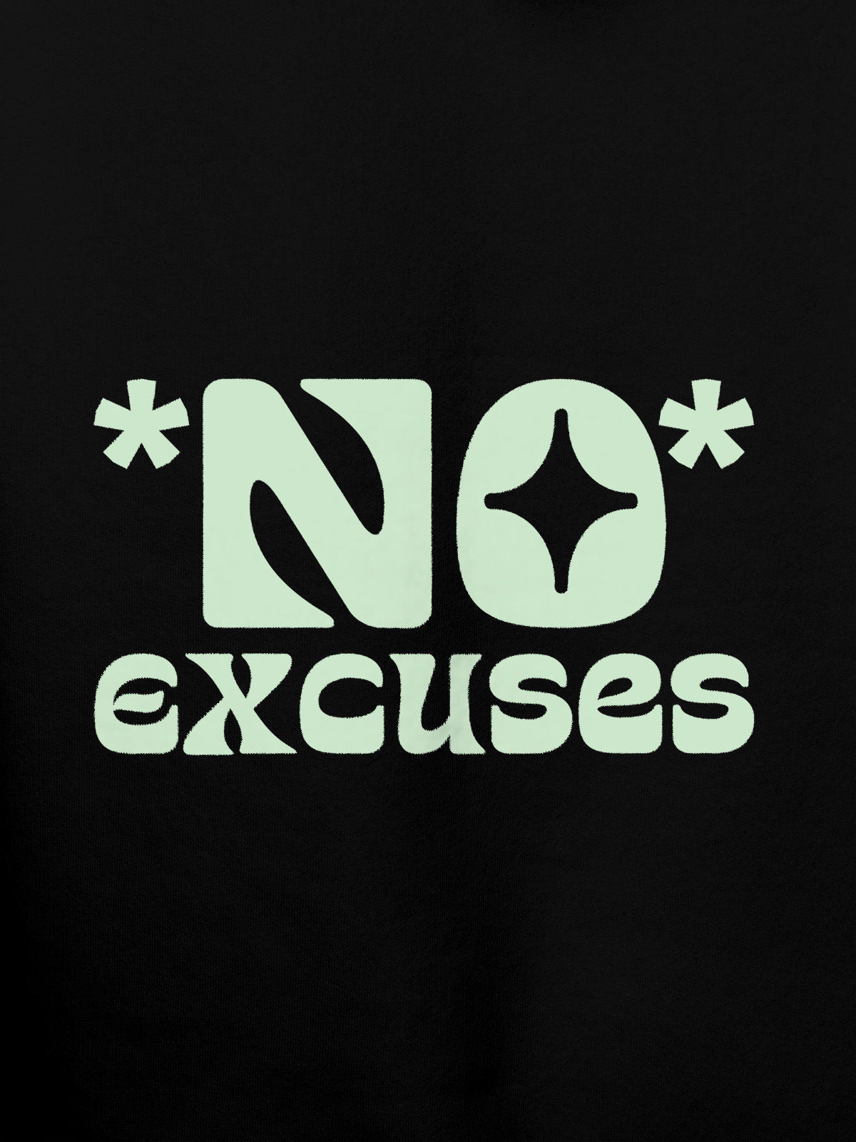 Close up of 'No Excuses' design on Men's Black Hoodie Sweatshirt, highlighting intricate details and vibrant print.