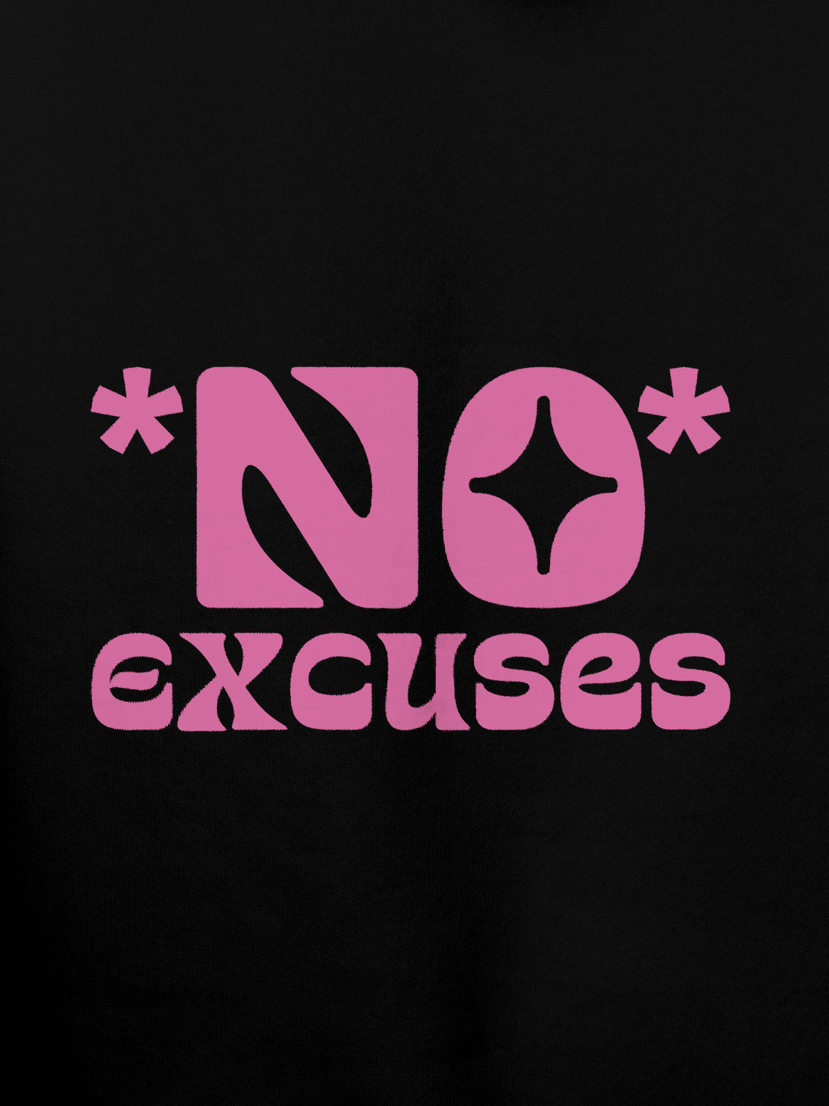 Close up of 'No Excuses' design on Men's Black Hoodie Sweatshirt, highlighting intricate details and vibrant print.
