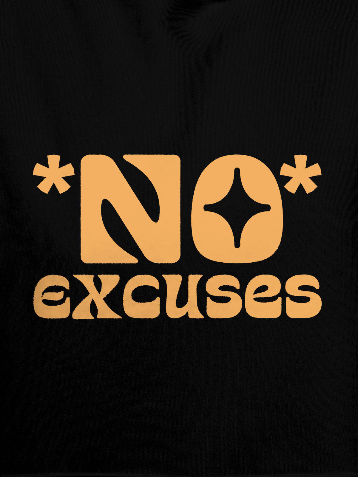 Close up of 'No Excuses' design on Women's Black Hoodie Sweatshirt, highlighting intricate details and vibrant print.
