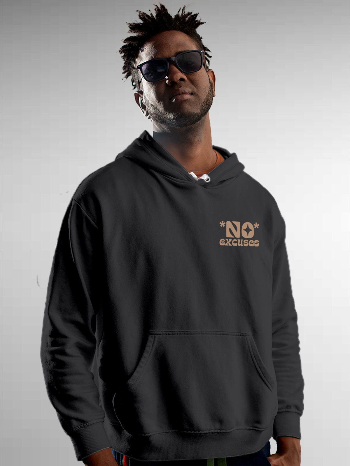 Model wearing Men's Dark Grey Hoodie Sweatshirt with 'No Excuses' design, offering effortless style and premium comfort