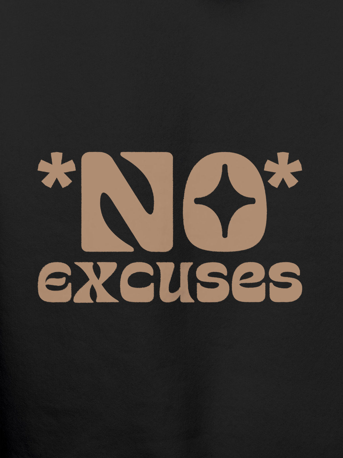 Close up of 'No Excuses' design on Men's Dark Grey Hoodie Sweatshirt, highlighting intricate details and vibrant print.