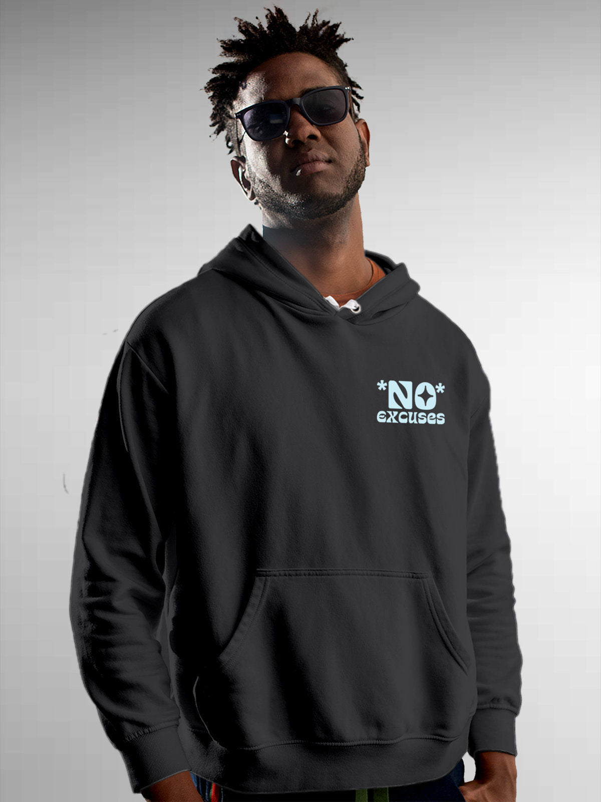 Model wearing Men's Dark Grey Hoodie Sweatshirt with 'No Excuses' design, offering effortless style and premium comfort