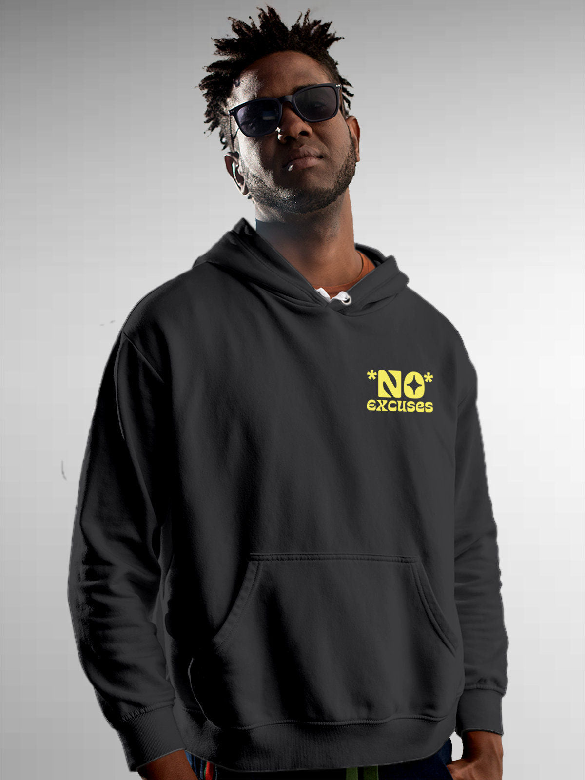 Model wearing Men's Dark Grey Hoodie Sweatshirt with 'No Excuses' design, offering effortless style and premium comfort