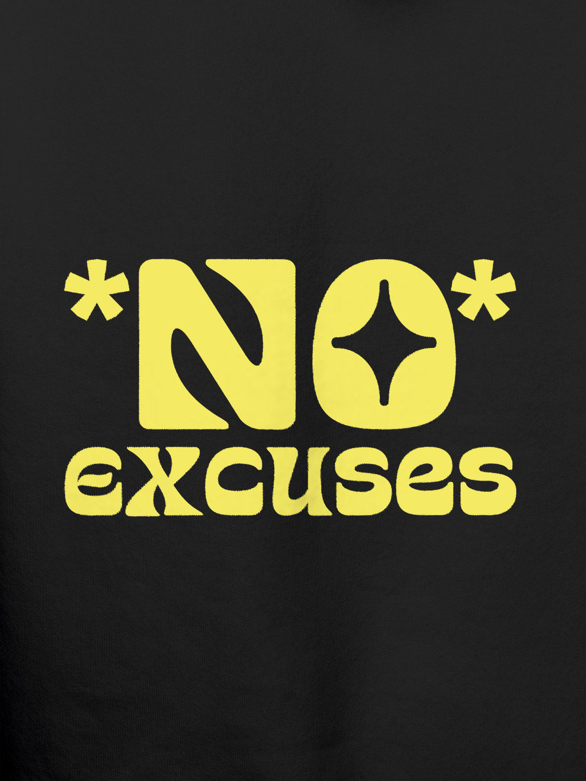 Close up of 'No Excuses' design on Men's Dark Grey Hoodie Sweatshirt, highlighting intricate details and vibrant print.