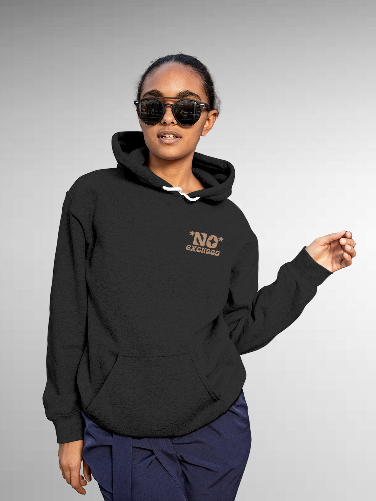 Model wearing Women's Dark Grey Hoodie Sweatshirt with 'No Excuses' design, offering effortless style and premium comfort